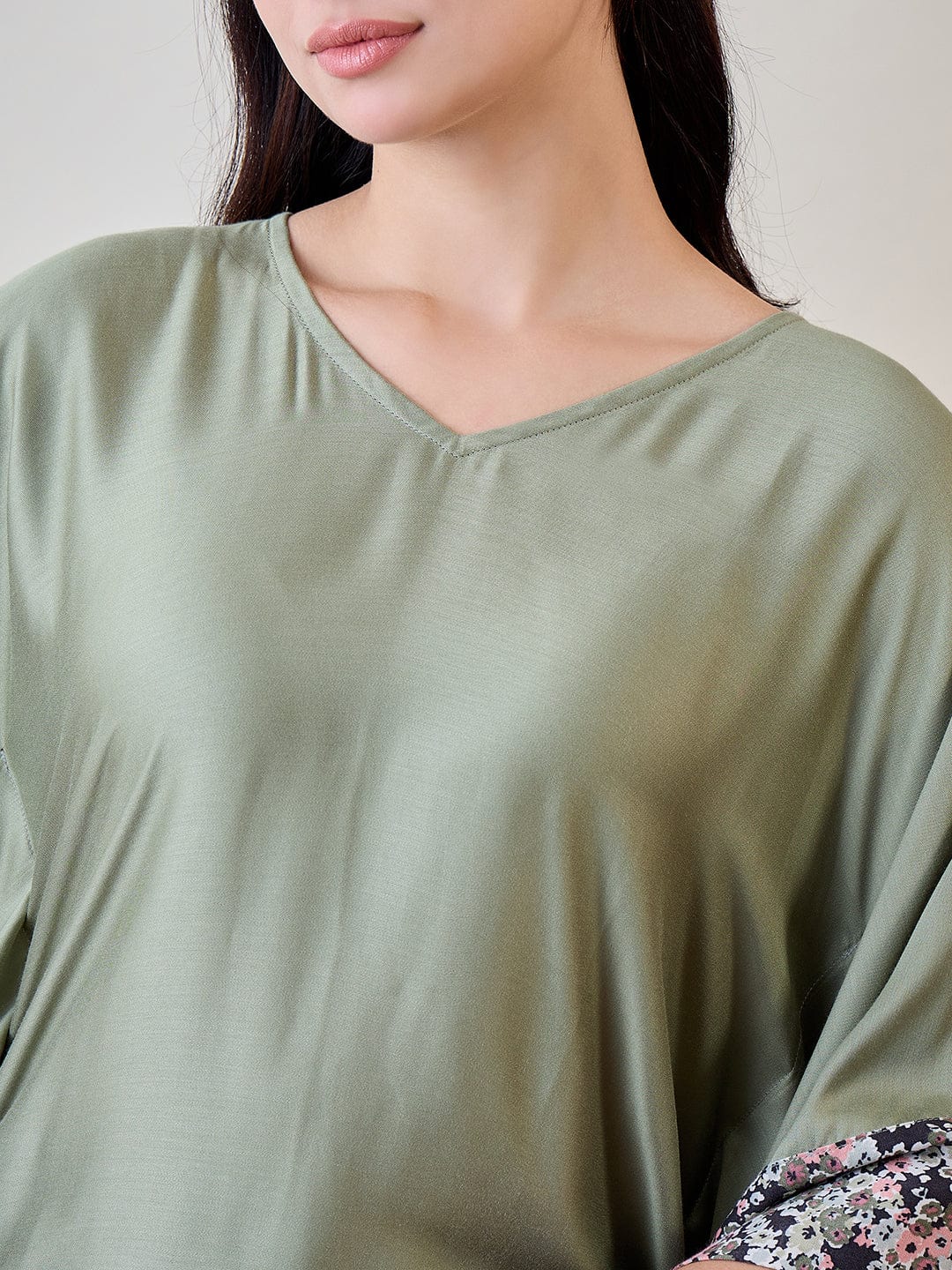 The Kaftan Company Pyjama Set Floral Bordered Pastel Green Soft Modal Lounge Set