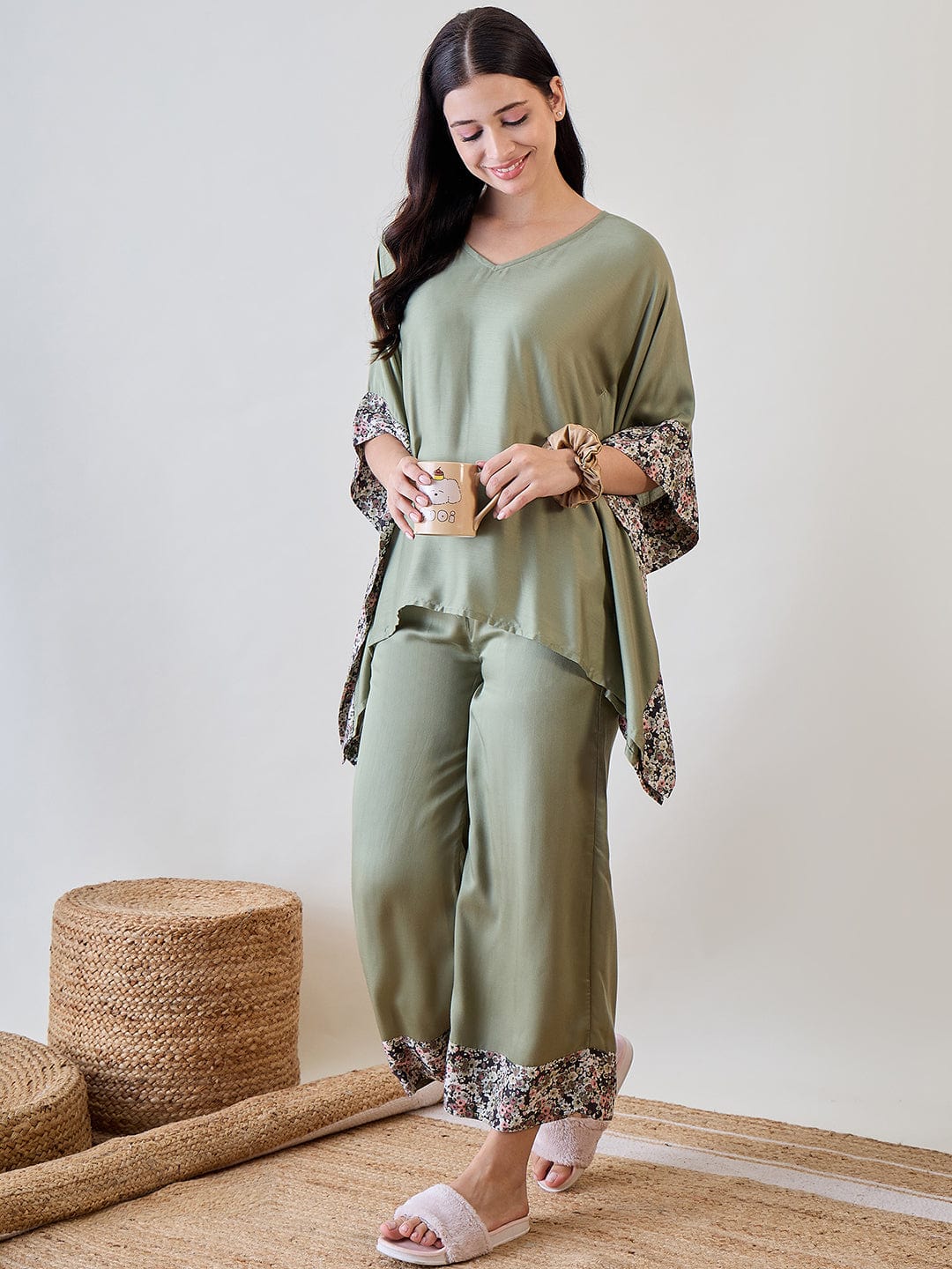 The Kaftan Company Pyjama Set Floral Bordered Pastel Green Soft Modal Lounge Set