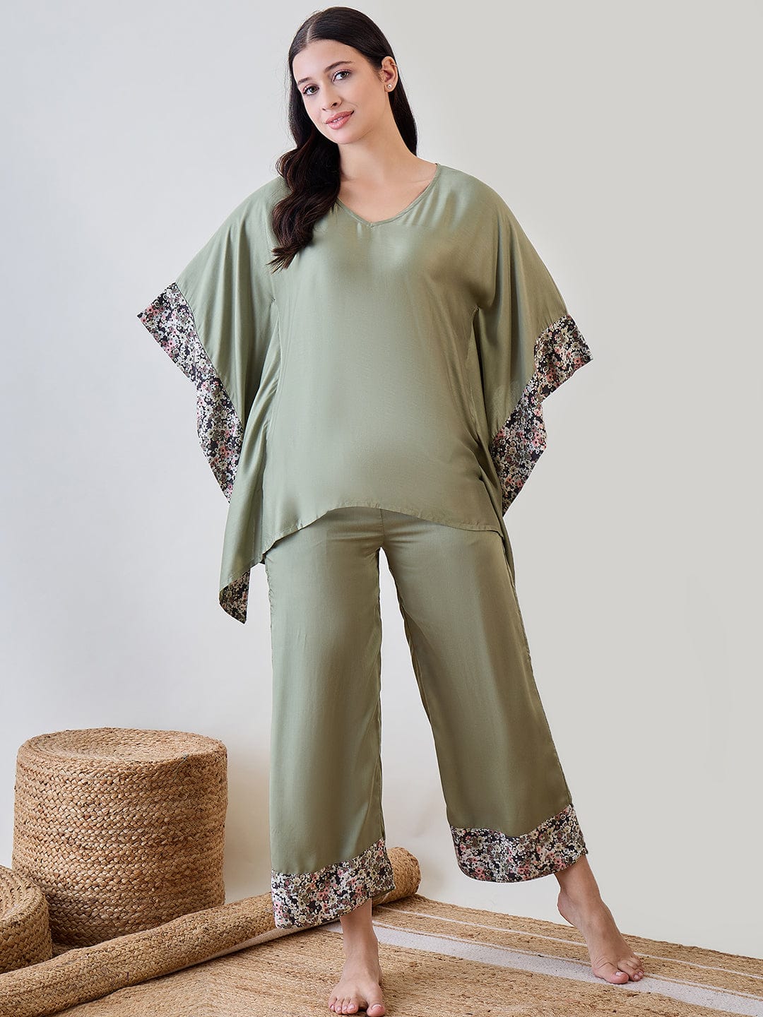 The Kaftan Company Pyjama Set Floral Bordered Pastel Green Soft Modal Lounge Set