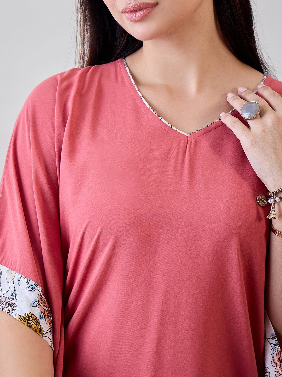 The Kaftan Company Pyjama Set Floral Bordered Pink Soft Modal Lounge Set