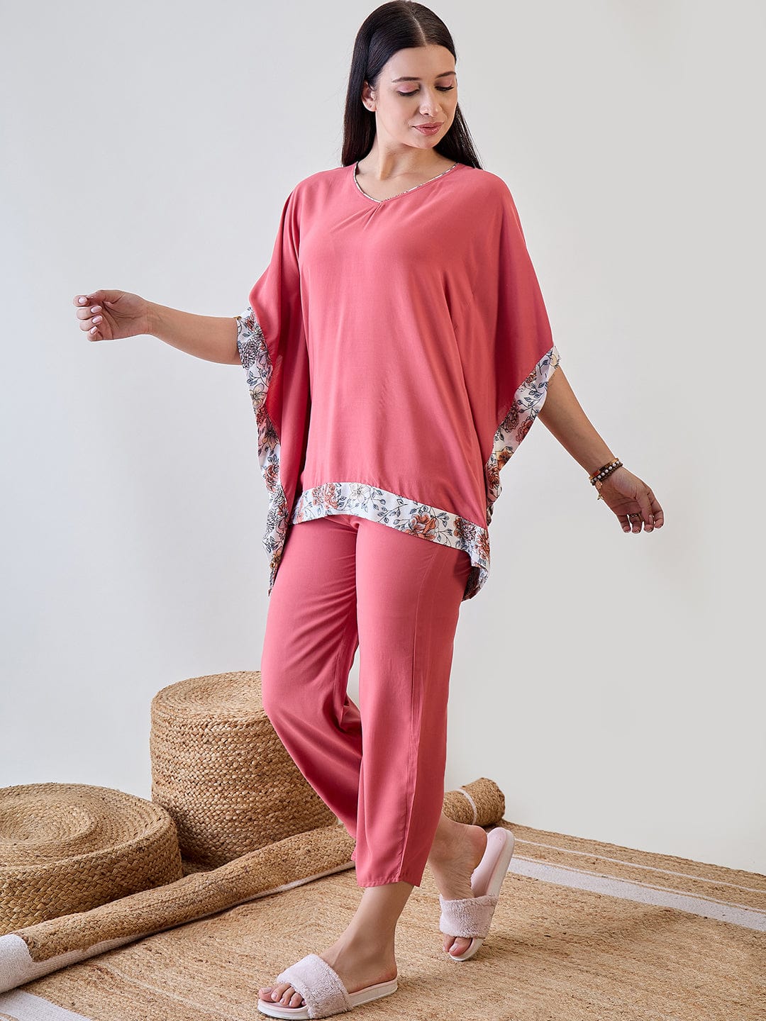The Kaftan Company Pyjama Set Floral Bordered Pink Soft Modal Lounge Set