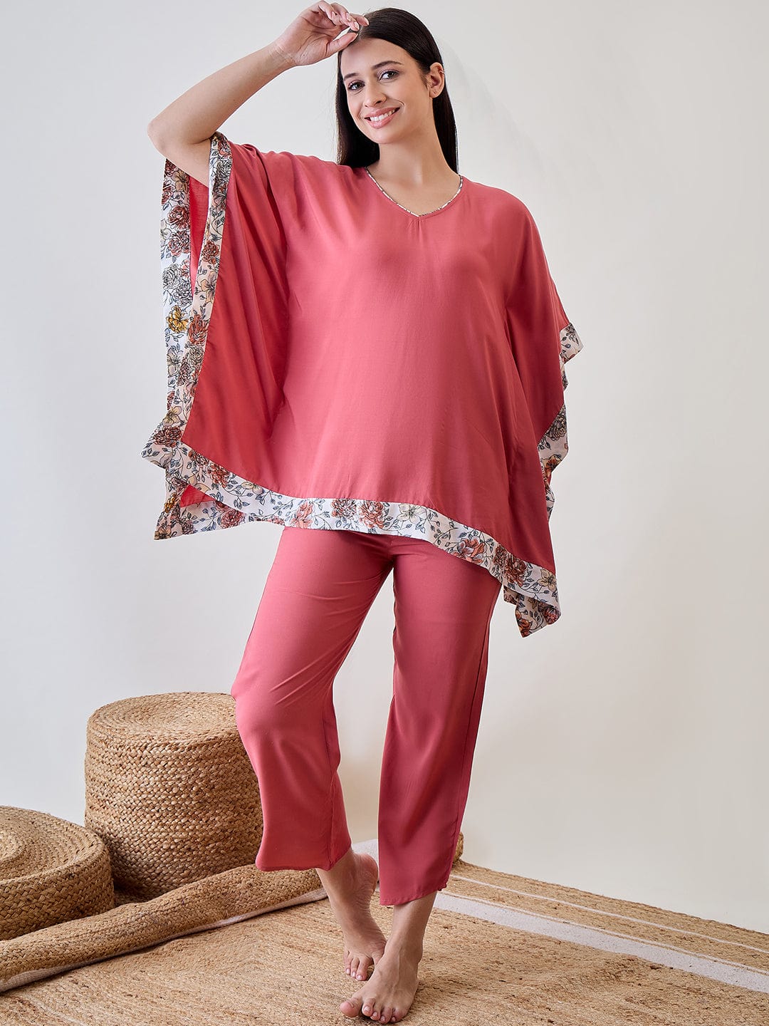The Kaftan Company Pyjama Set Floral Bordered Pink Soft Modal Lounge Set