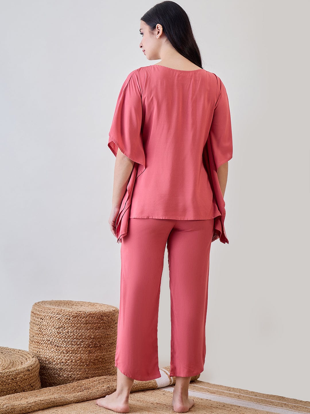 The Kaftan Company Pyjama Set Floral Yoke Lace Detailed Pink Soft Modal Lounge Set