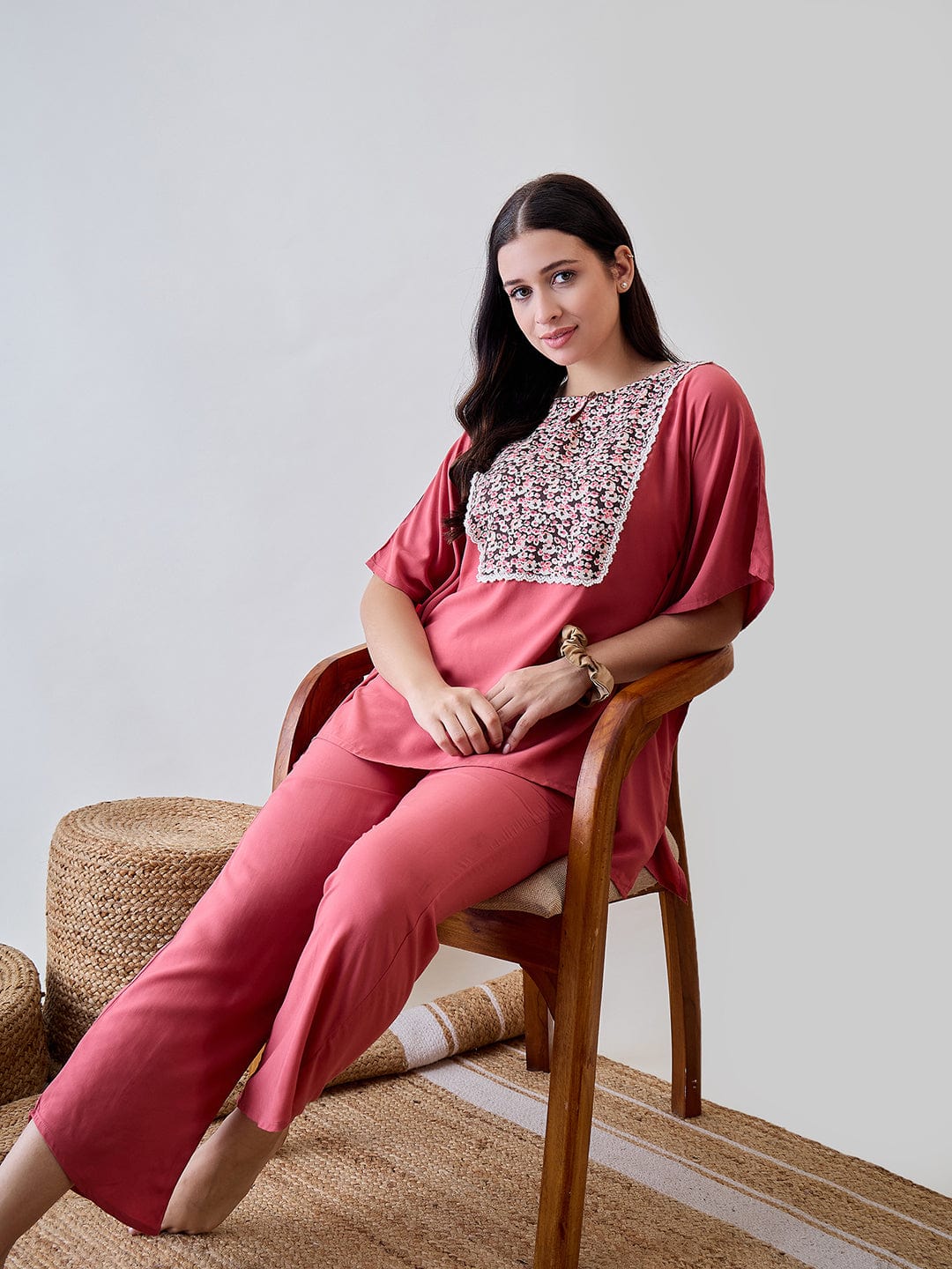 The Kaftan Company Pyjama Set Floral Yoke Lace Detailed Pink Soft Modal Lounge Set