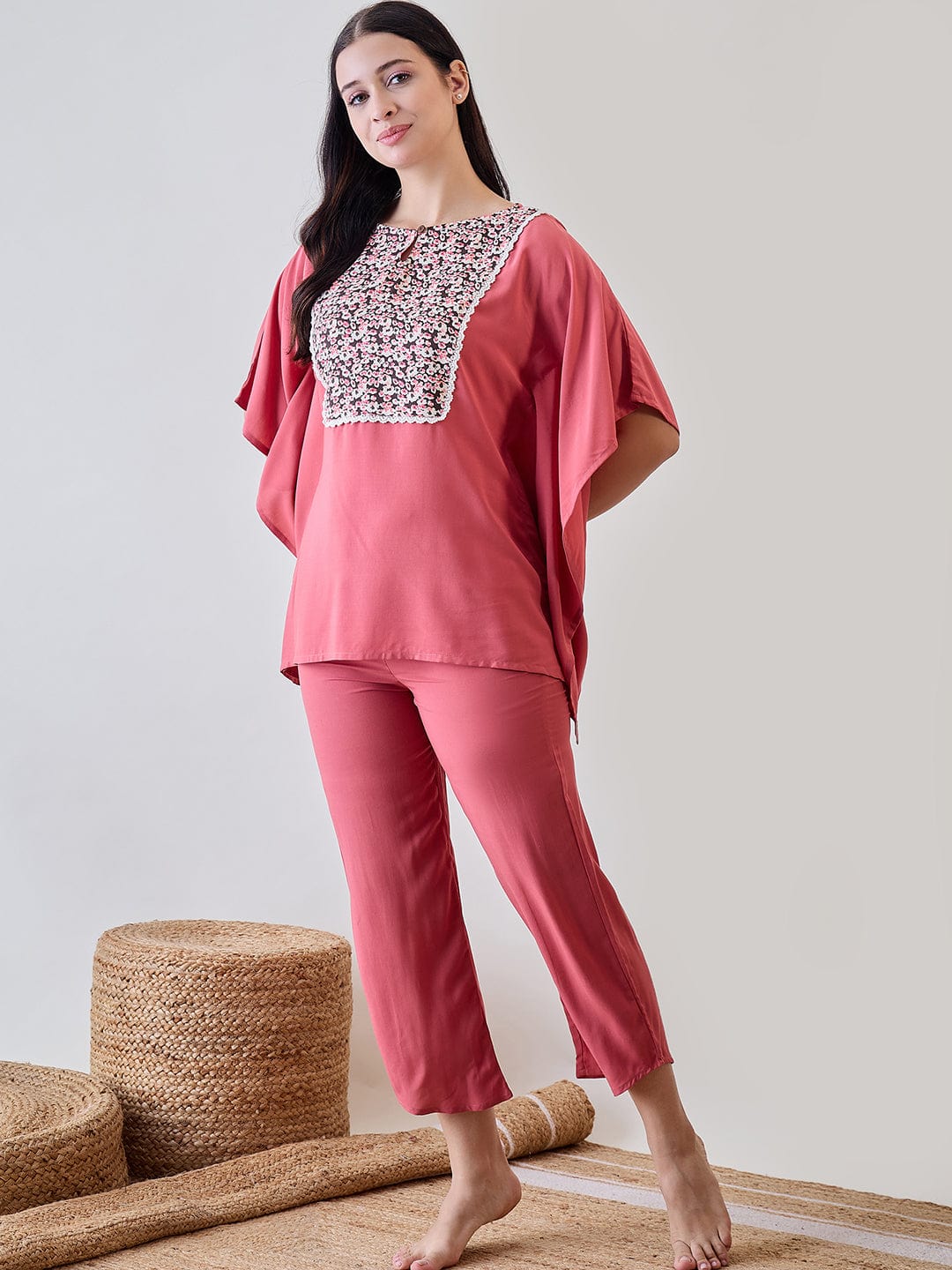 The Kaftan Company Pyjama Set Floral Yoke Lace Detailed Pink Soft Modal Lounge Set