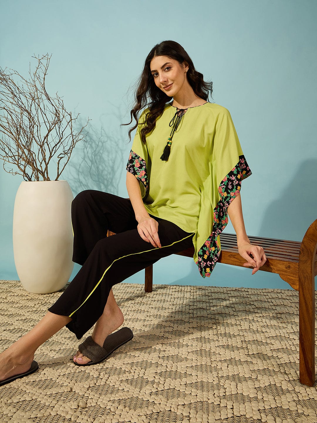 The Kaftan Company Pyjama Set Flourescent Green and Black Pyjama Set