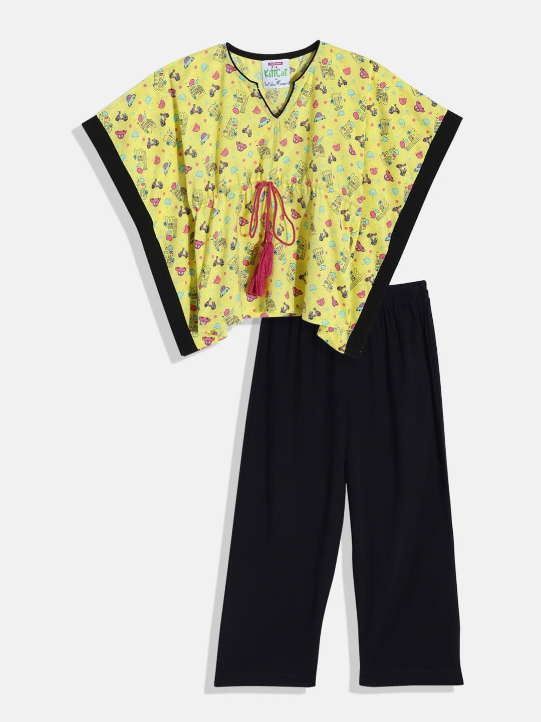 The Kaftan Company Pyjama Set Girls Cute Yellow Conversational Kaftan Pyjama Set