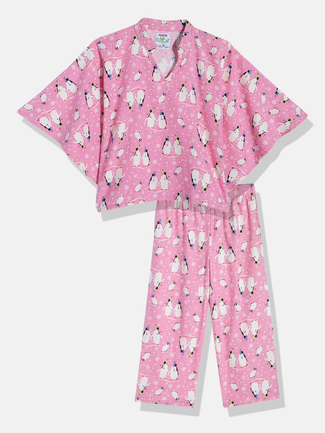 The Kaftan Company Pyjama Set Girls Penquins Pink Kaftan Pyjama Set
