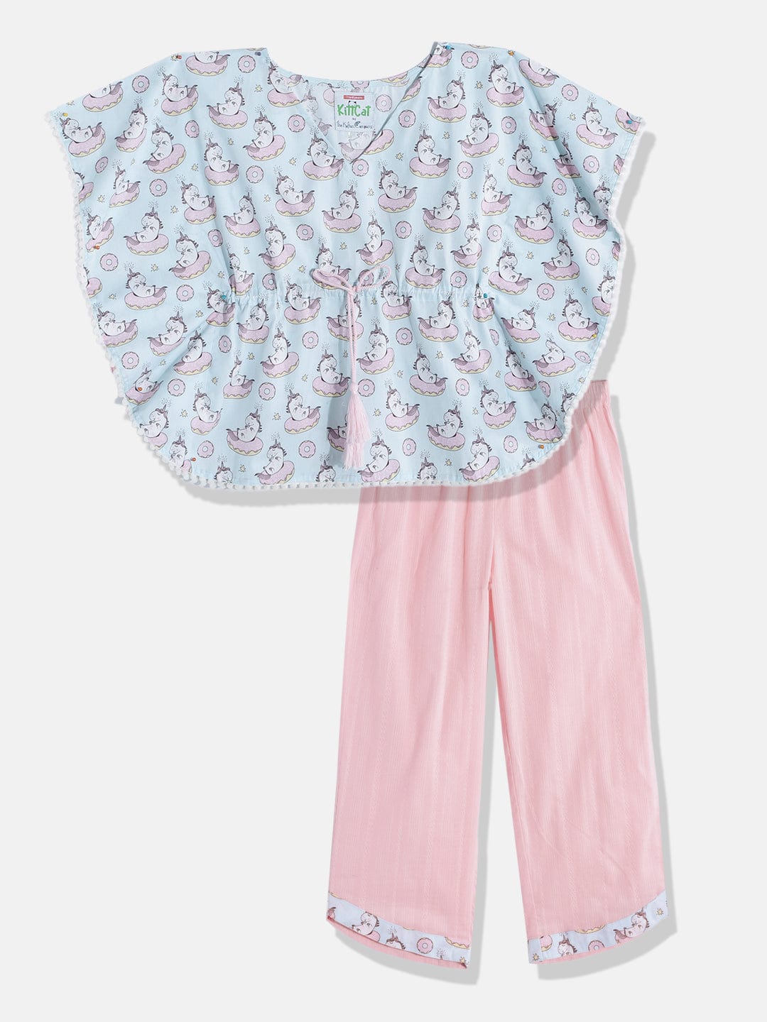 The Kaftan Company Pyjama Set Girls Sky Blue Pom Pom Kaftan Pyjama Set