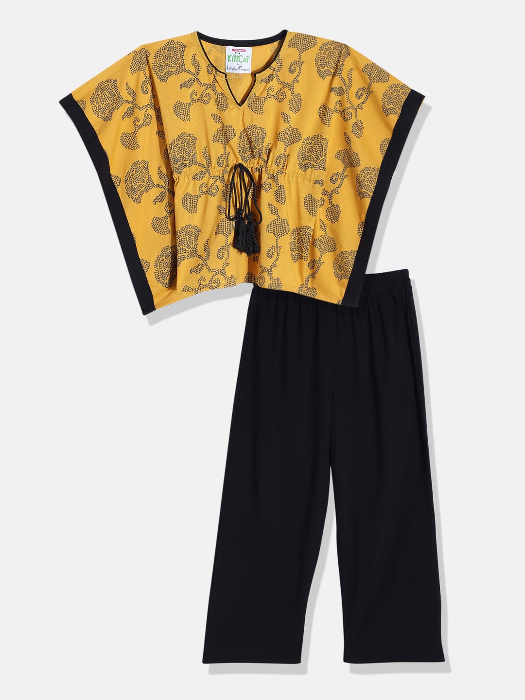 The Kaftan Company Pyjama Set Girls Yellow Doodled Floral Kaftan Pyjama Set