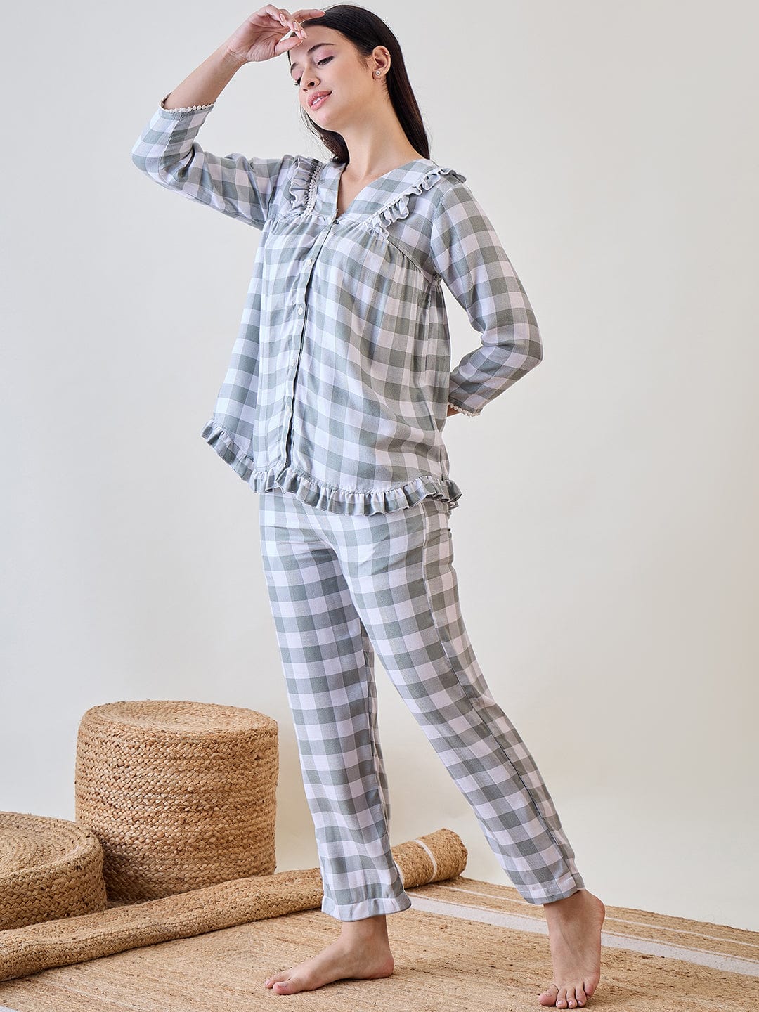 The Kaftan Company Pyjama Set Green and White Checks Ruffled Cute Viscose Pyjama Set With Lace Detail
