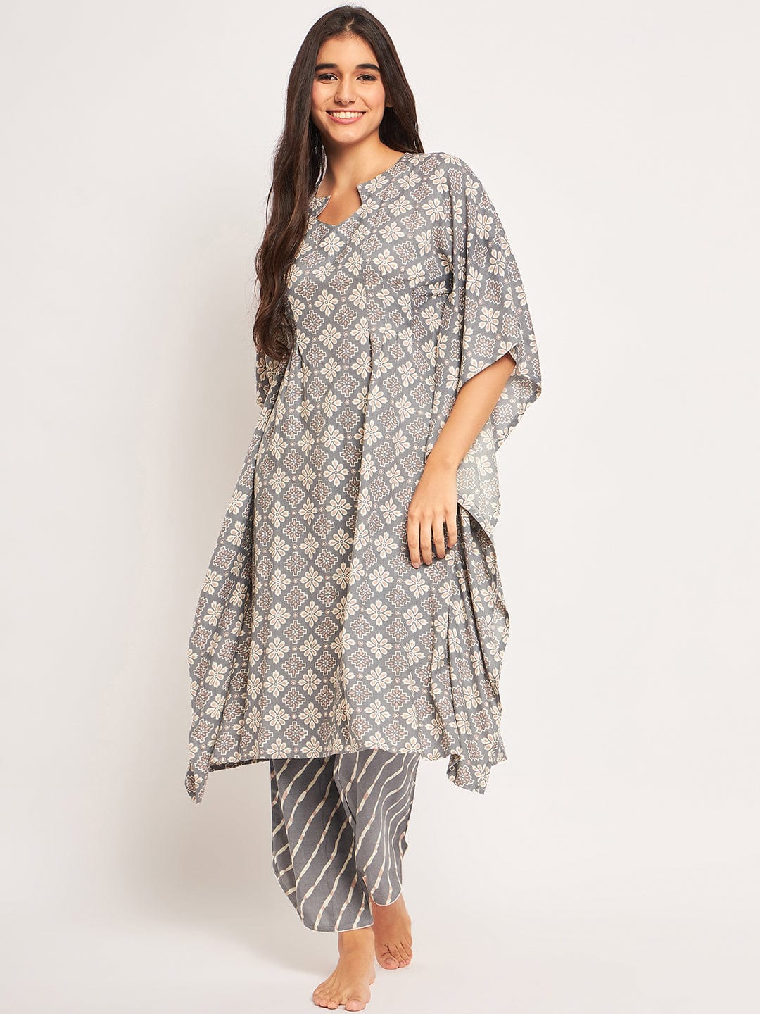 The Kaftan Company Pyjama Set Grey Geometric Kaftan Coord Set
