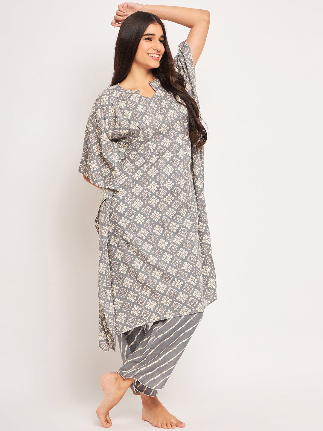 The Kaftan Company Pyjama Set Grey Geometric Kaftan Coord Set