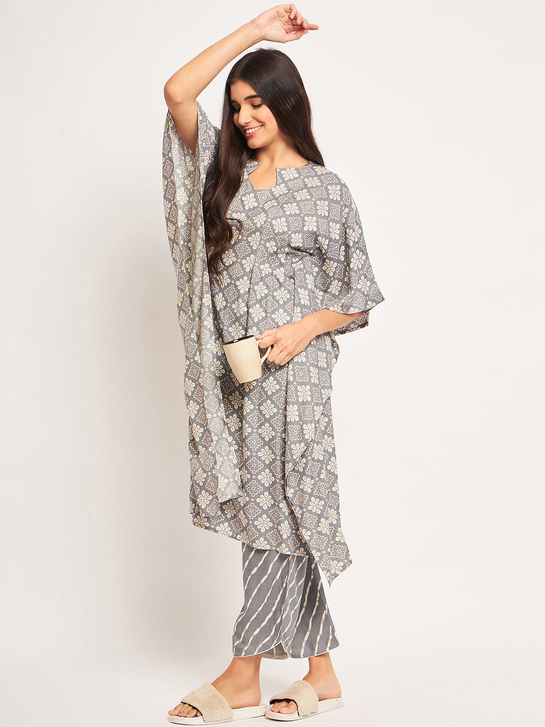 The Kaftan Company Pyjama Set Grey Geometric Kaftan Coord Set