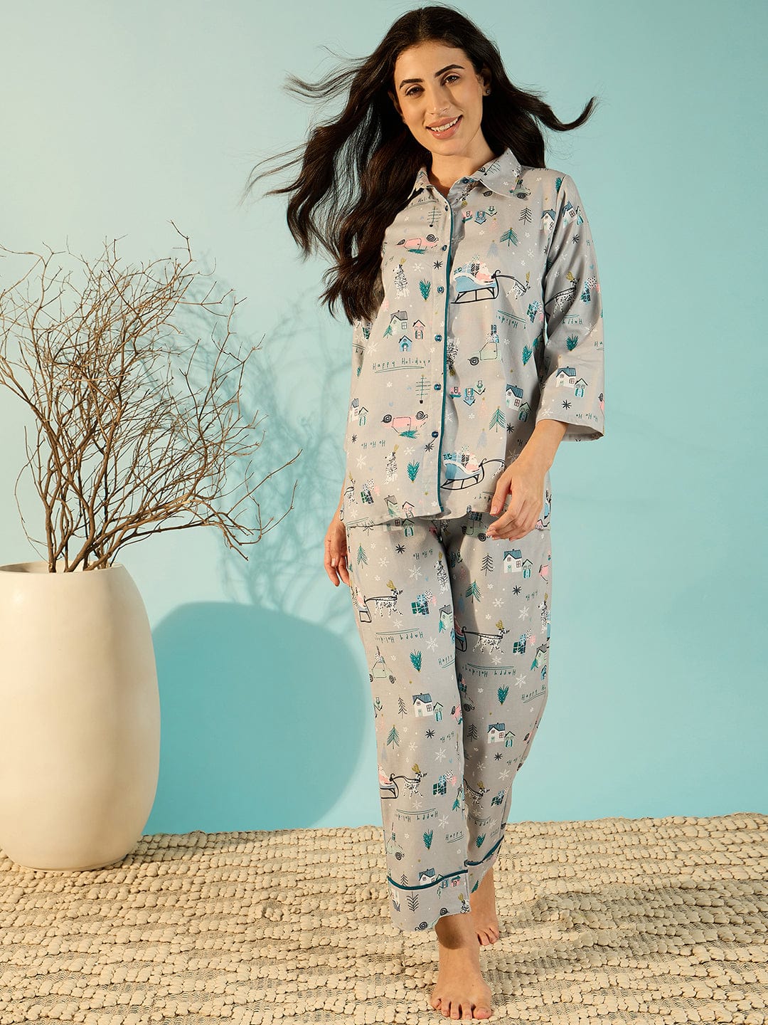The Kaftan Company Pyjama Set Grey Soft Cotton Chic Night Suit Set For Women