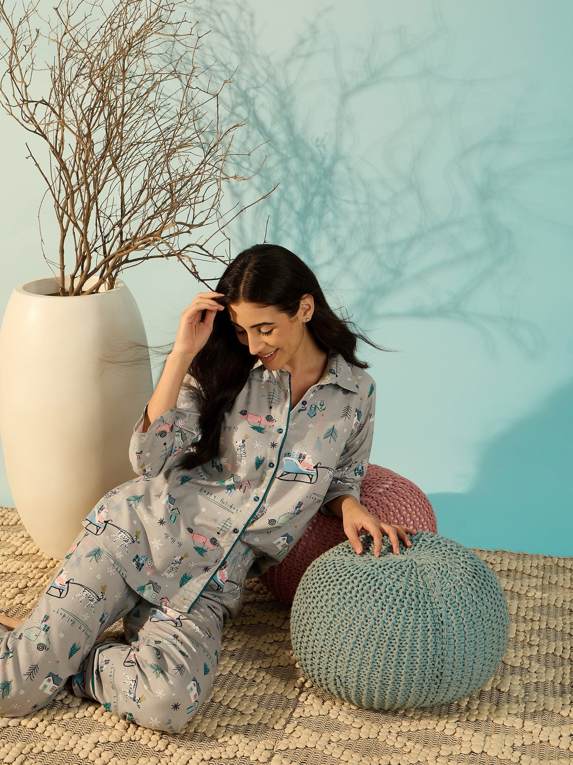 The Kaftan Company Pyjama Set Grey Soft Cotton Chic Night Suit Set For Women