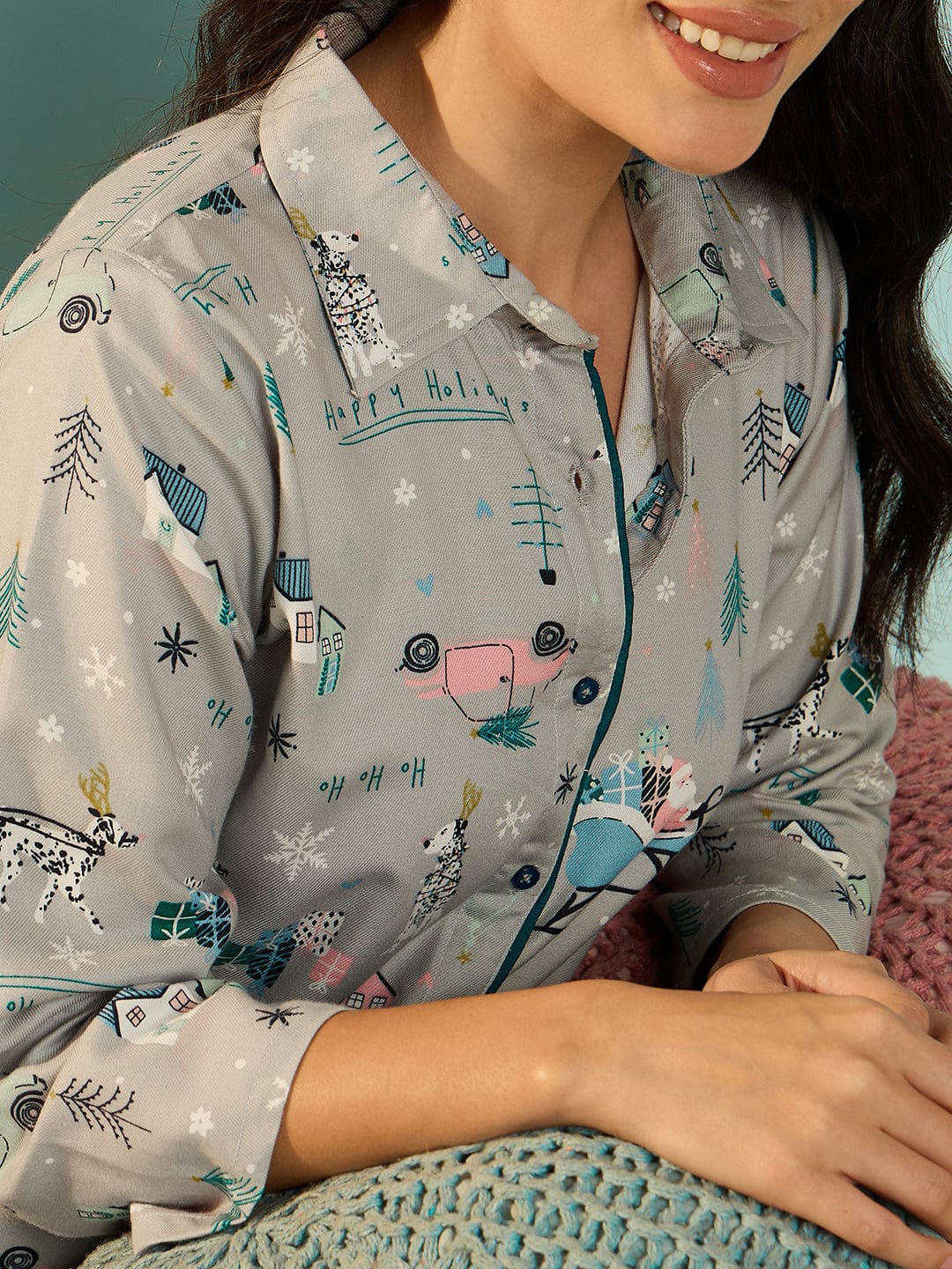 The Kaftan Company Pyjama Set Grey Soft Cotton Chic Night Suit Set For Women