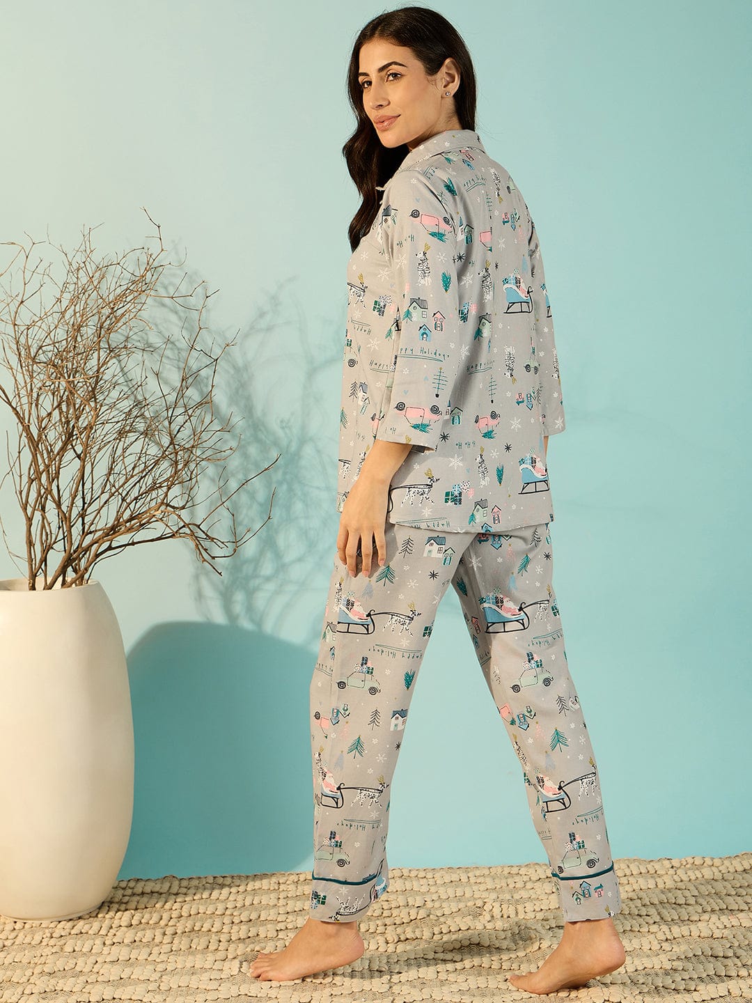 The Kaftan Company Pyjama Set Grey Soft Cotton Chic Night Suit Set For Women