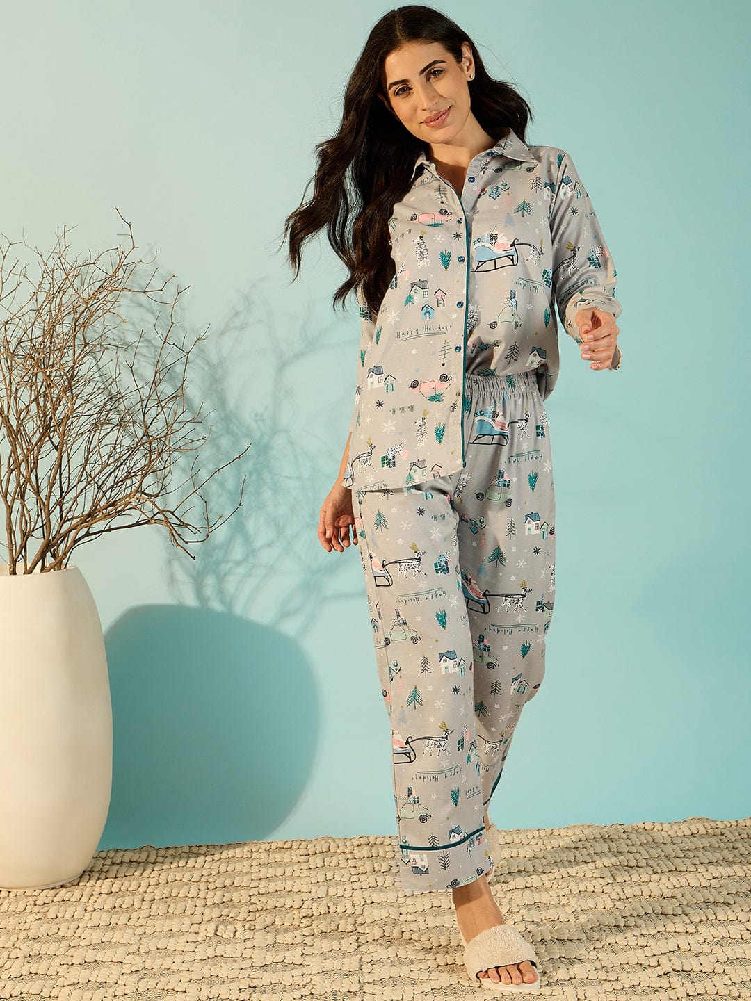 The Kaftan Company Pyjama Set Grey Soft Cotton Chic Night Suit Set For Women