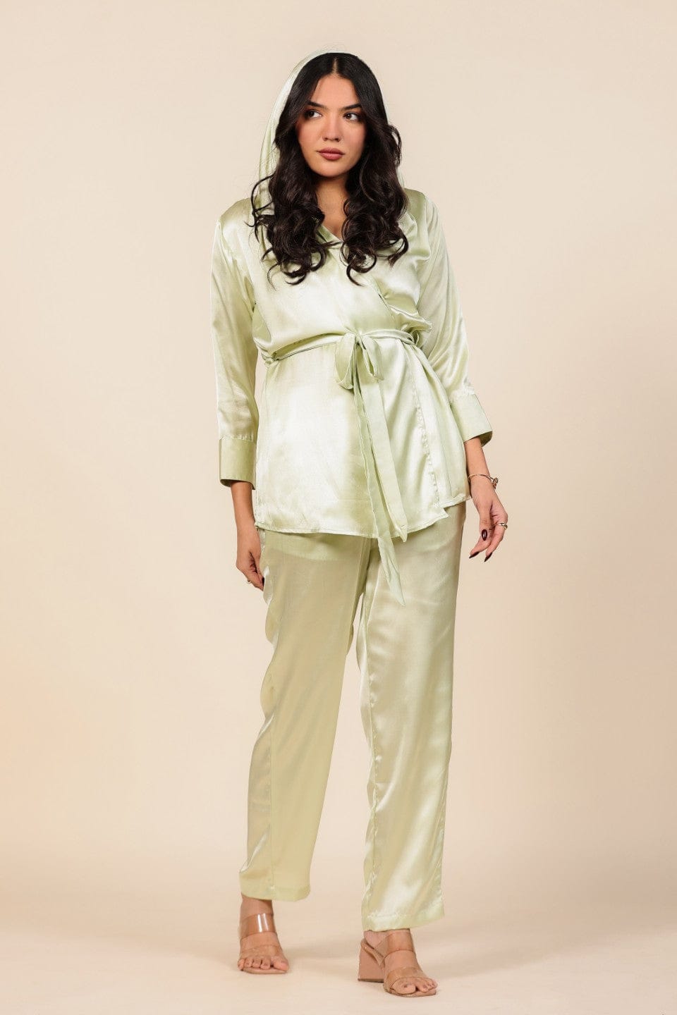 The Kaftan Company Pyjama Set Light Green Satin Hooded Lounge Wear Set