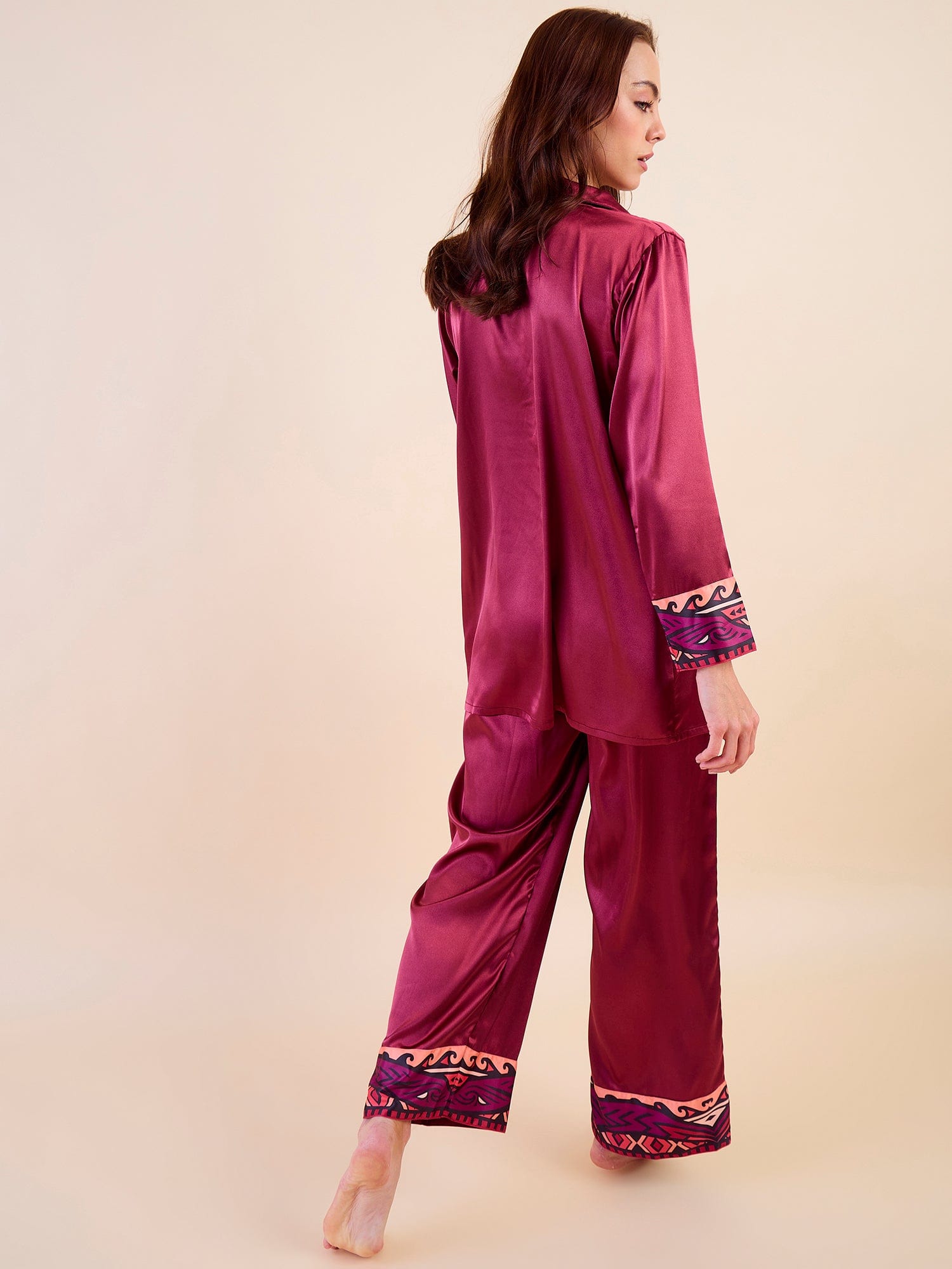 The Kaftan Company Pyjama Set Maroon Satin Nightwear Set - Printed Borders & Ultra-Soft Feel