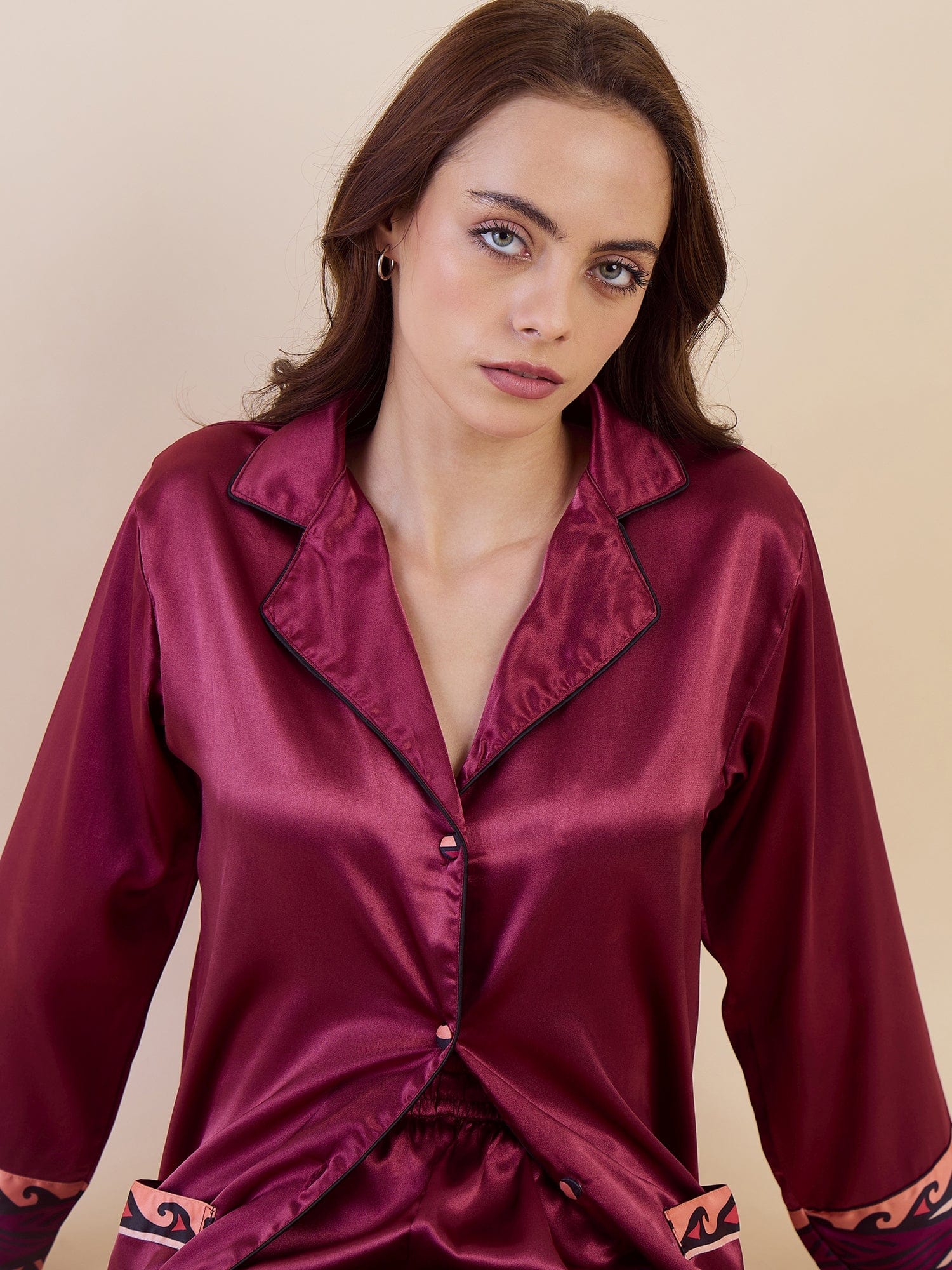 The Kaftan Company Pyjama Set Maroon Satin Nightwear Set - Printed Borders & Ultra-Soft Feel
