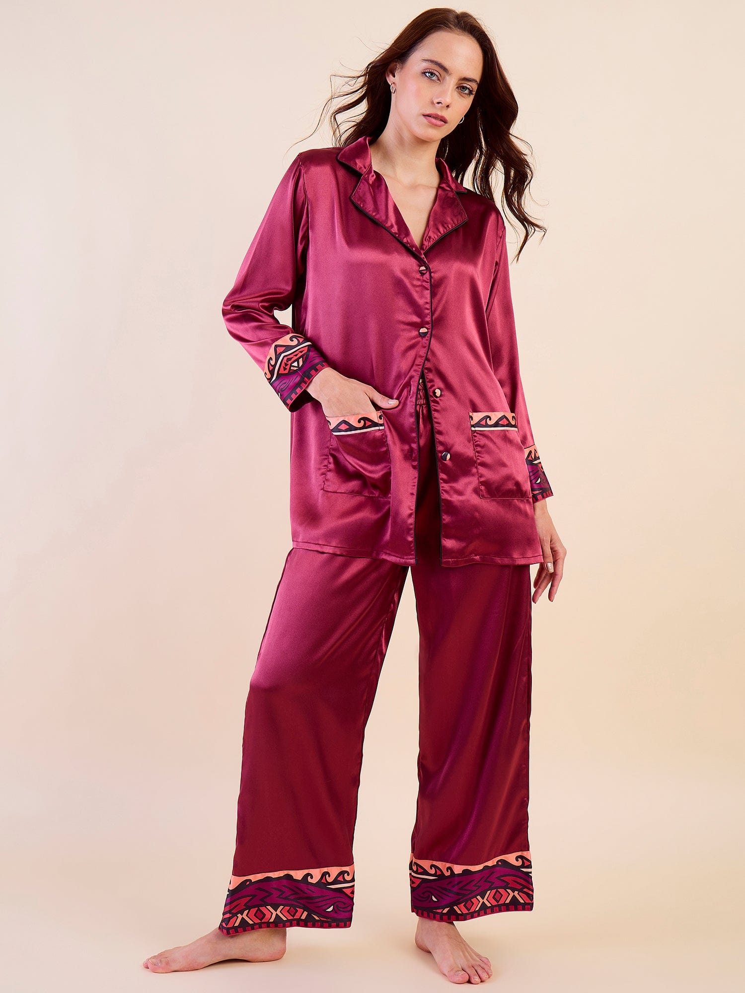 The Kaftan Company Pyjama Set Maroon Satin Nightwear Set - Printed Borders & Ultra-Soft Feel