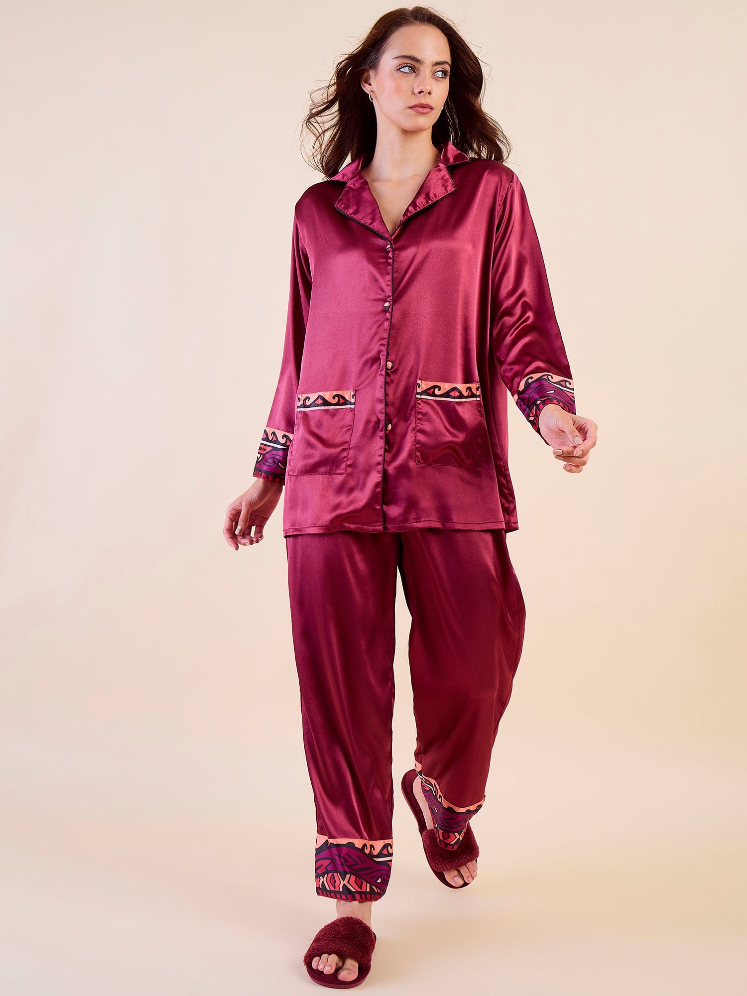 The Kaftan Company Pyjama Set Maroon Satin Nightwear Set - Printed Borders & Ultra-Soft Feel