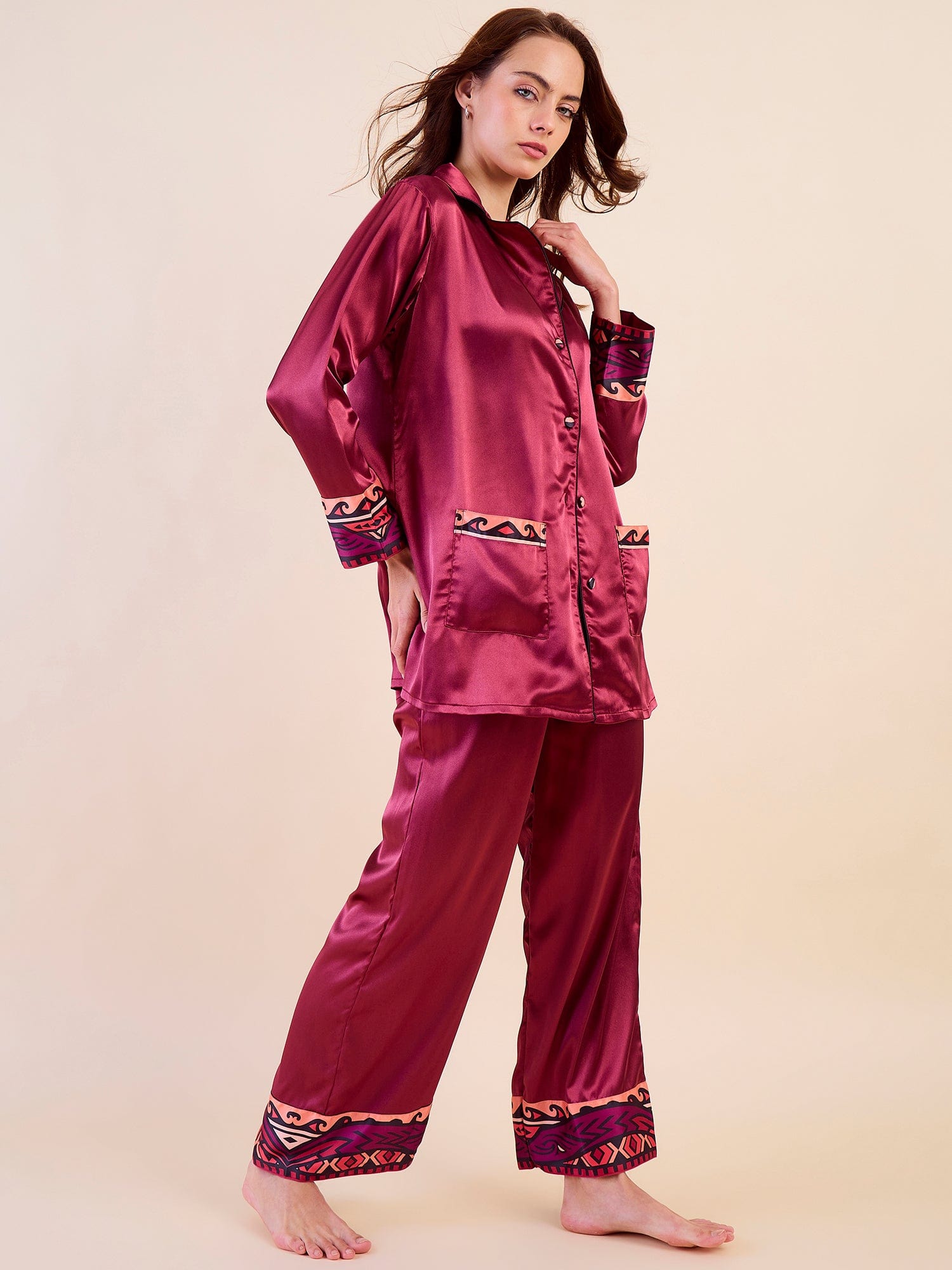 The Kaftan Company Pyjama Set Maroon Satin Nightwear Set - Printed Borders & Ultra-Soft Feel