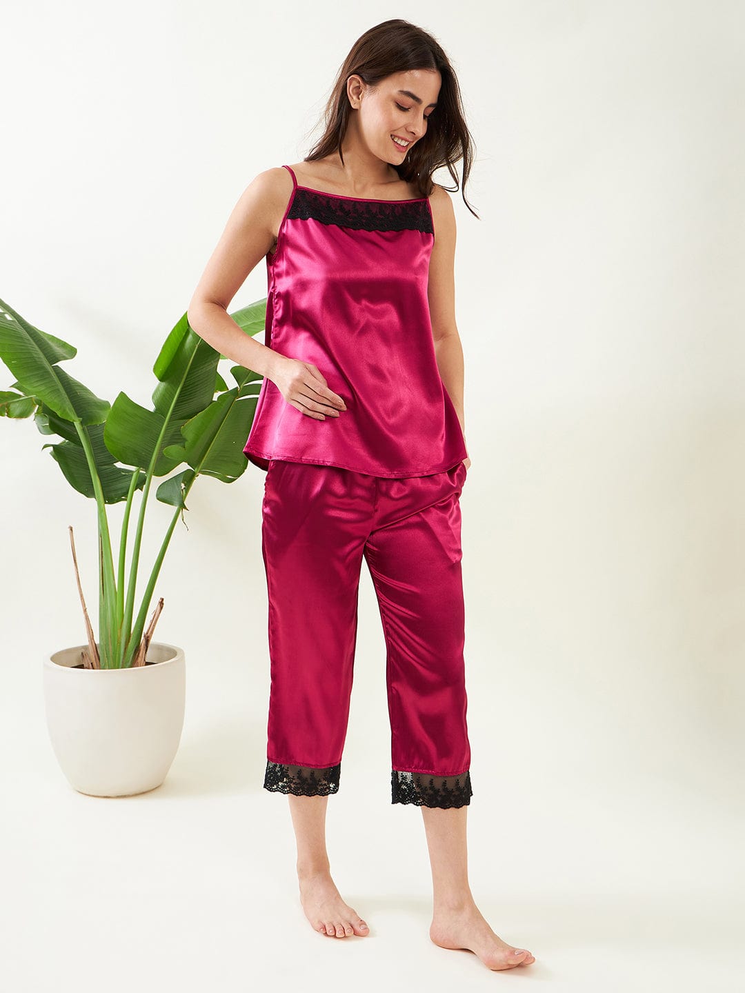 The Kaftan Company Pyjama Set Maroon Satin Slip and Pyjama Nightwear Set