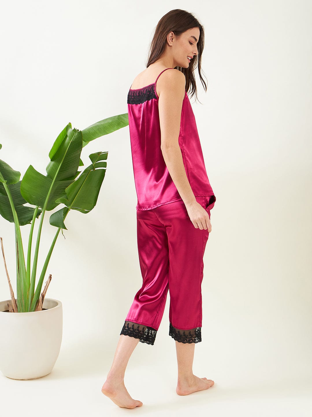 The Kaftan Company Pyjama Set Maroon Satin Slip and Pyjama Nightwear Set