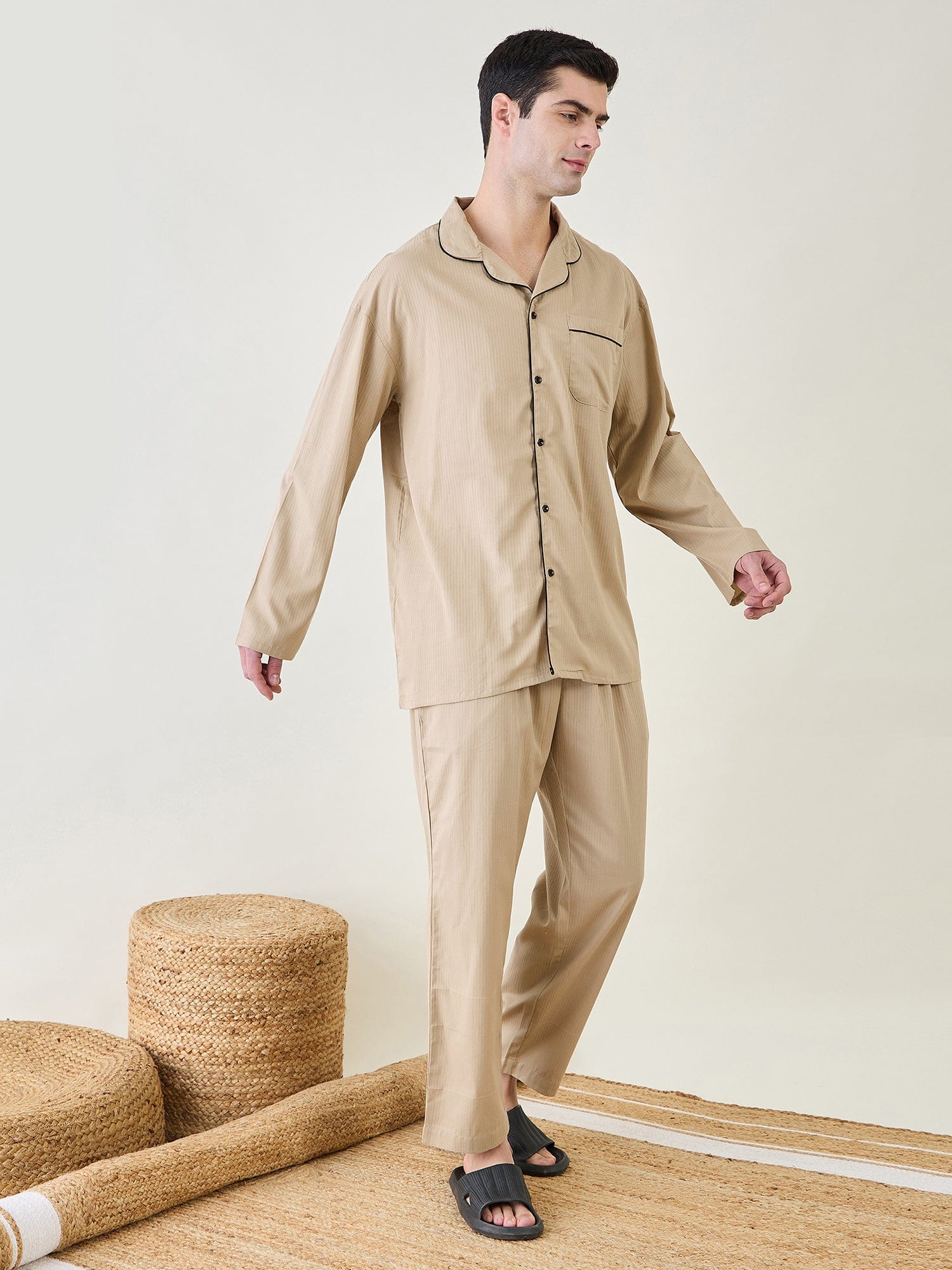 The Kaftan Company Pyjama Set Mens Beige Classic Pyjama Set