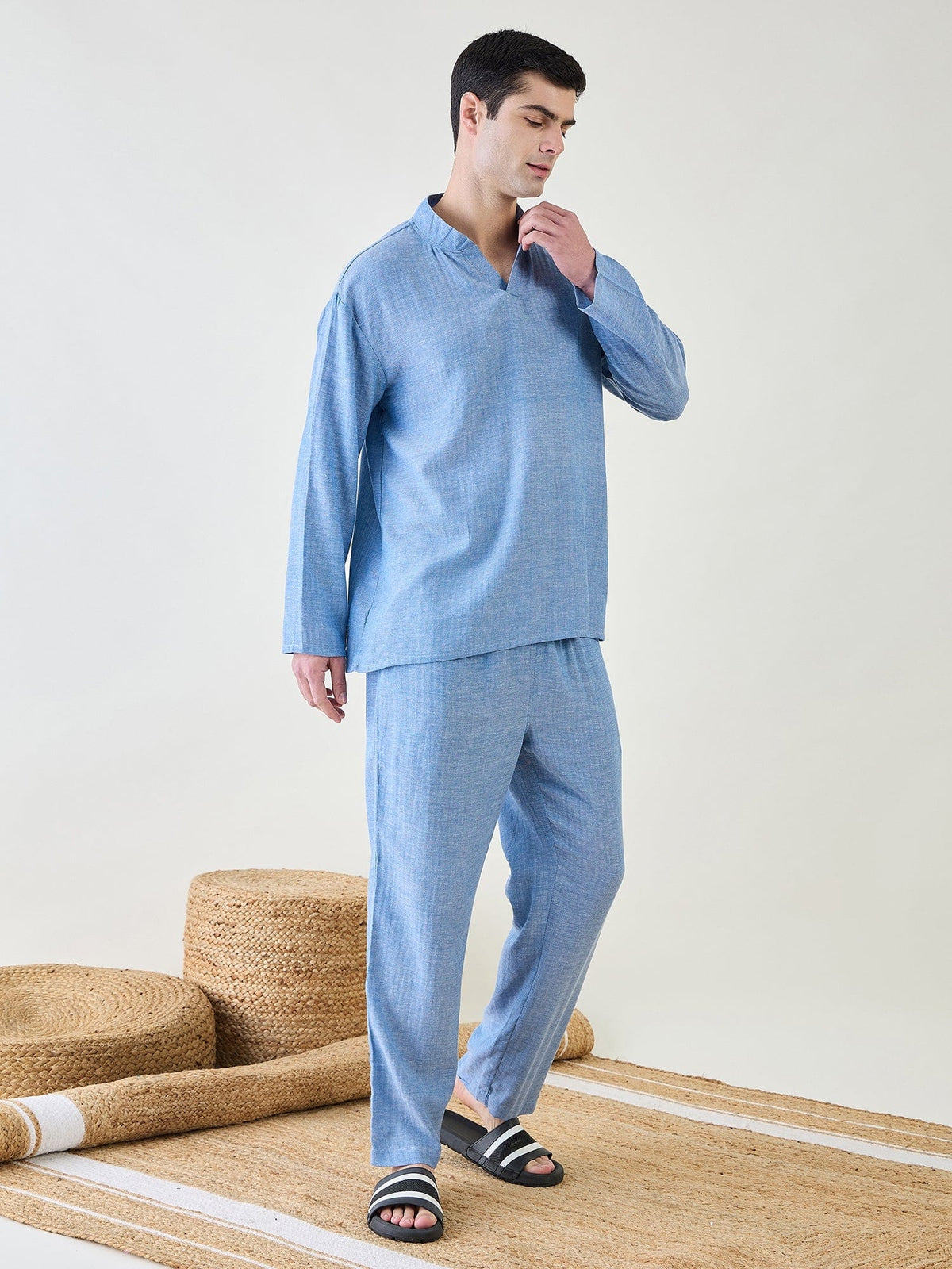The Kaftan Company Pyjama Set Mens Blue Cotton Pyjama Set