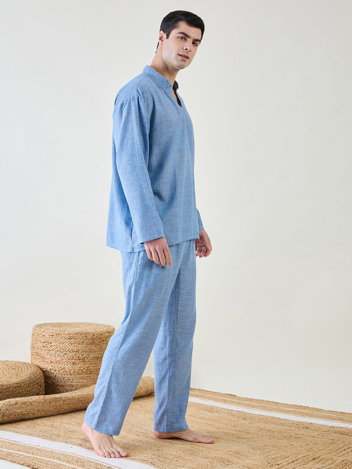 The Kaftan Company Pyjama Set Mens Blue Cotton Pyjama Set