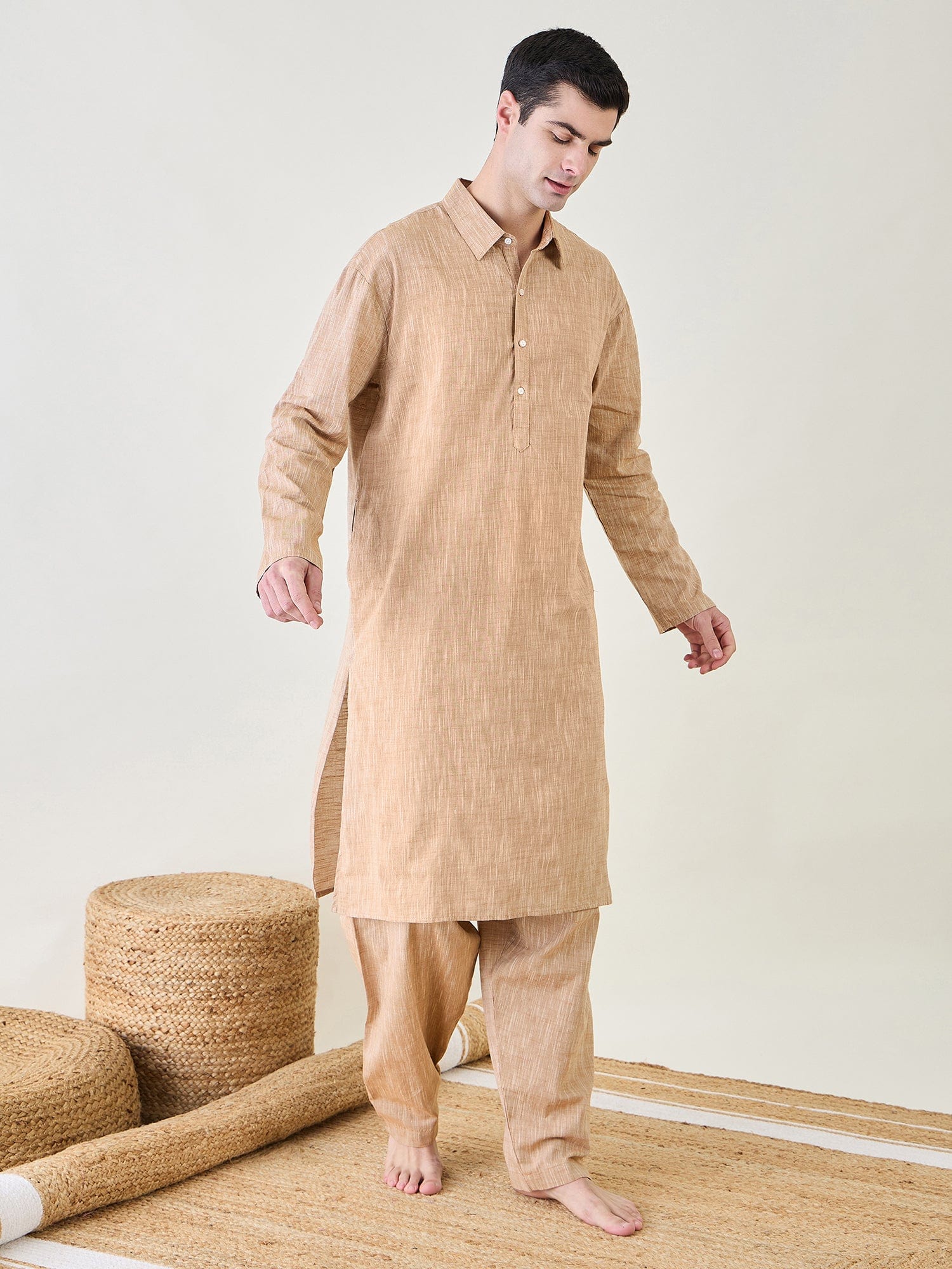 The Kaftan Company Pyjama Set Mens Brown Pathani Kurta Pyjama Set
