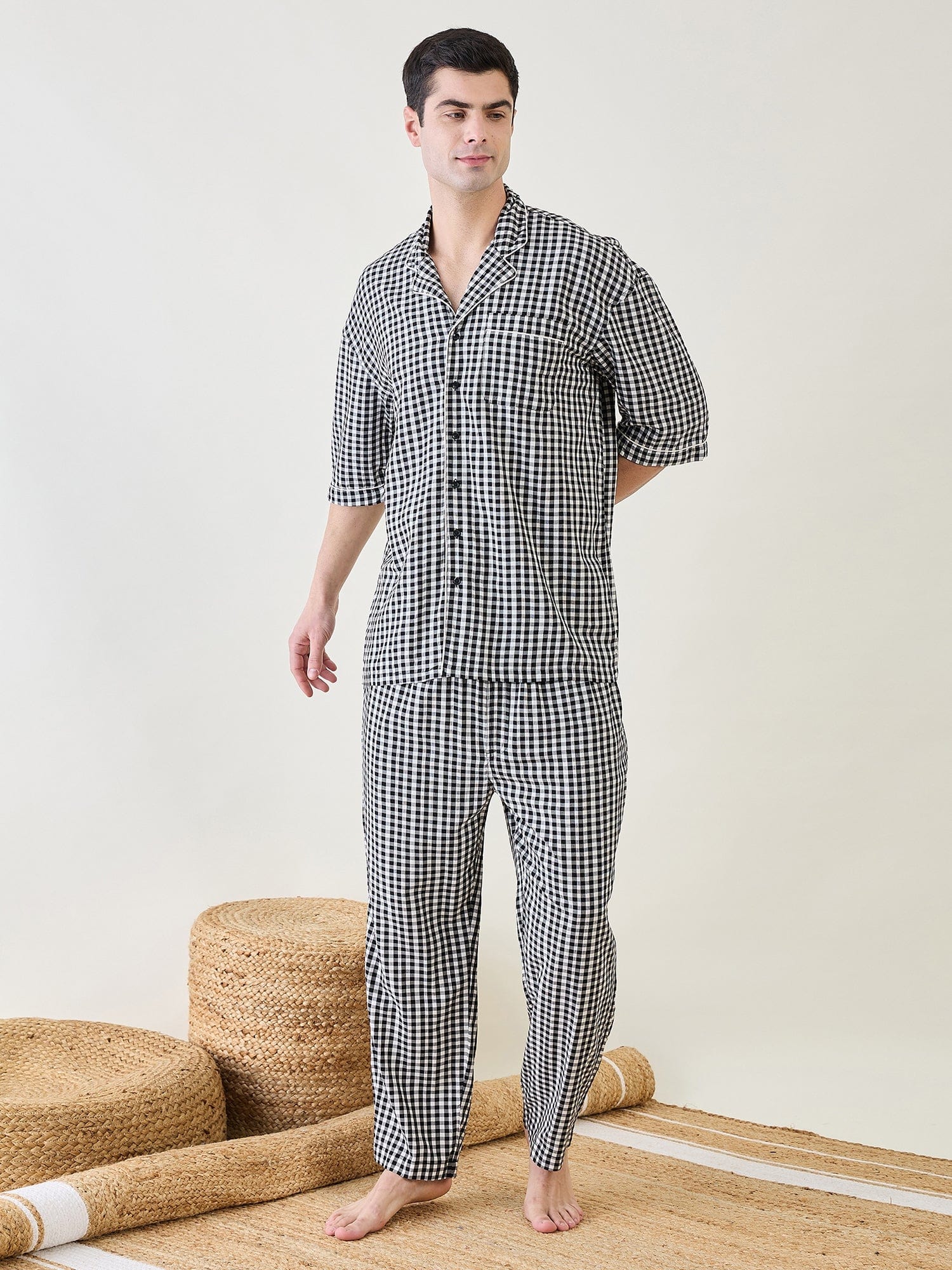 The Kaftan Company Pyjama Set Mens Checks Cotton Pyjama Set