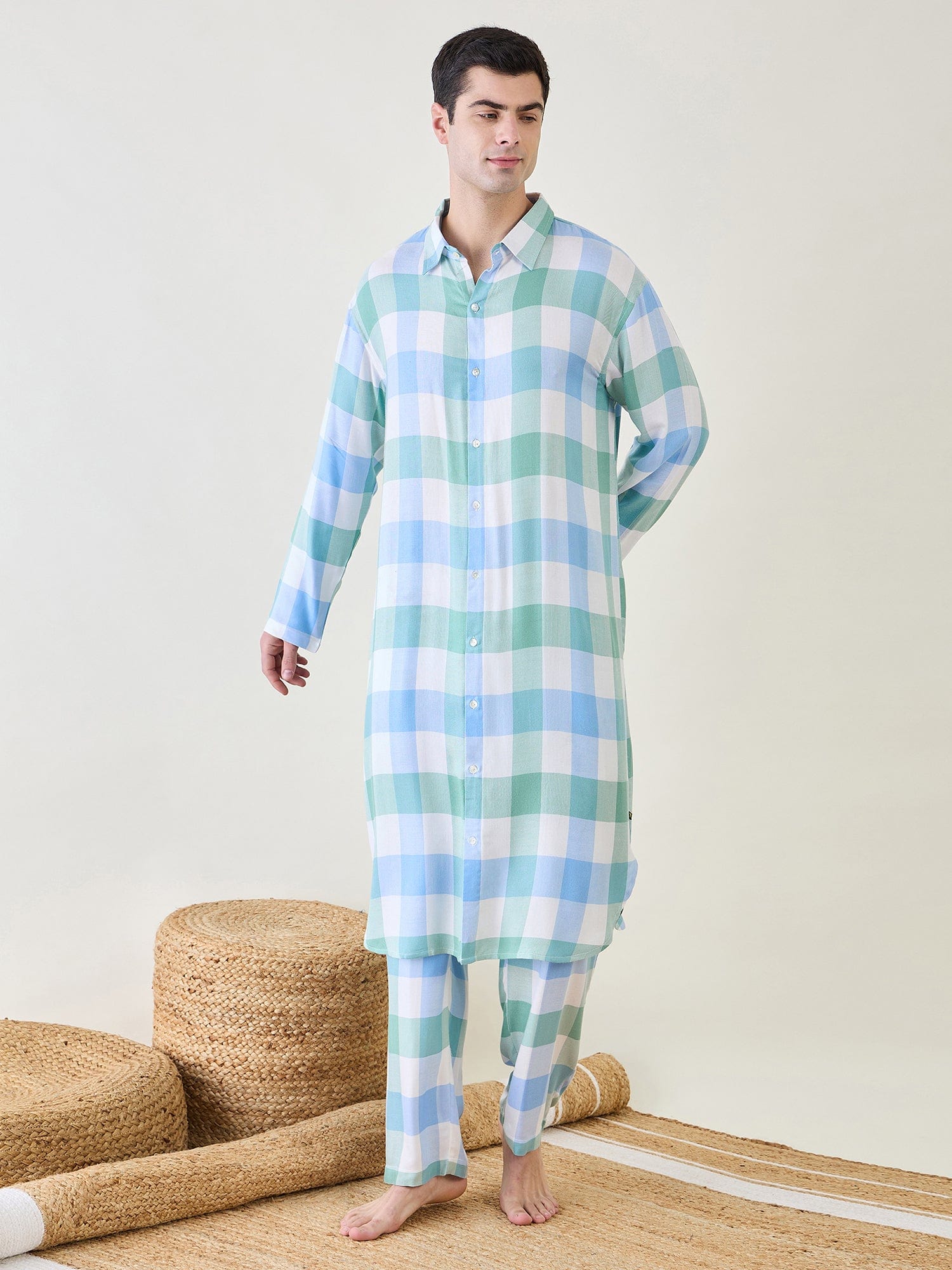 The Kaftan Company Pyjama Set Mens Checks Kurta and Pants Set