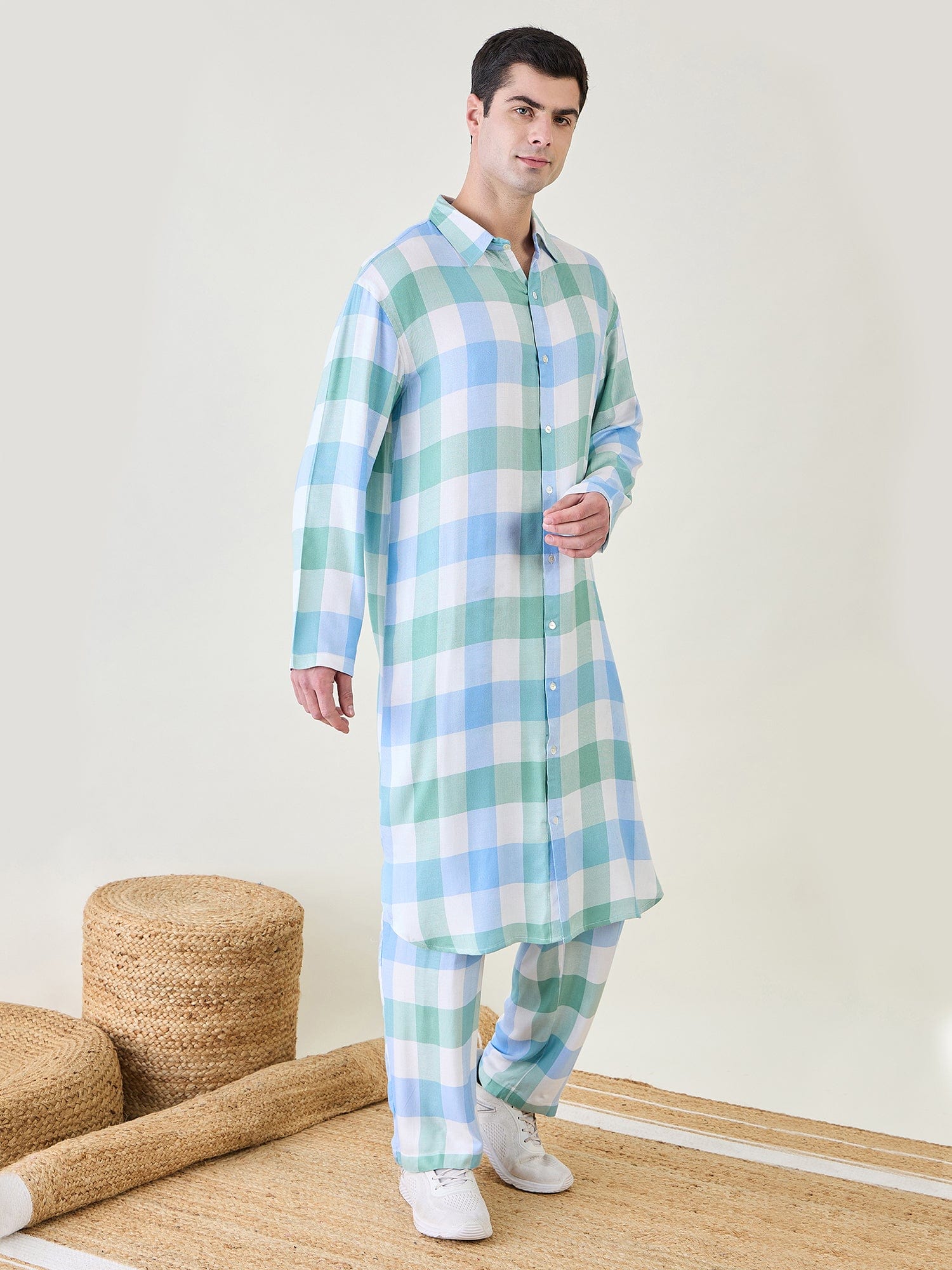 The Kaftan Company Pyjama Set Mens Checks Kurta and Pants Set