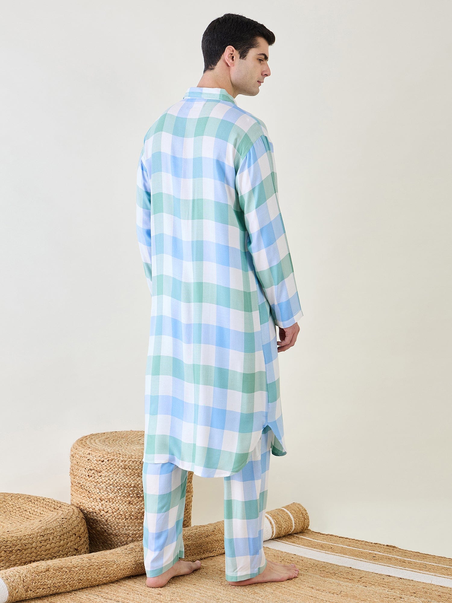 The Kaftan Company Pyjama Set Mens Checks Kurta and Pants Set
