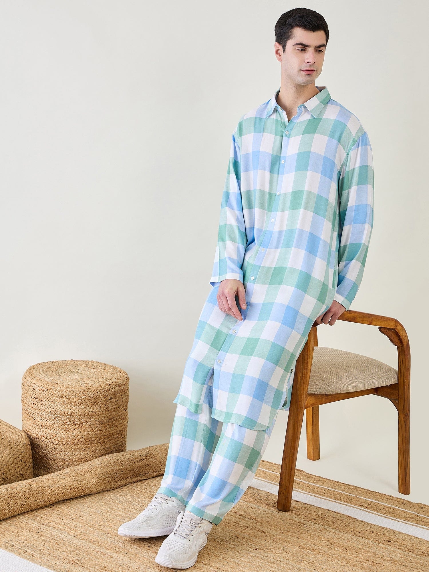The Kaftan Company Pyjama Set Mens Checks Kurta and Pants Set