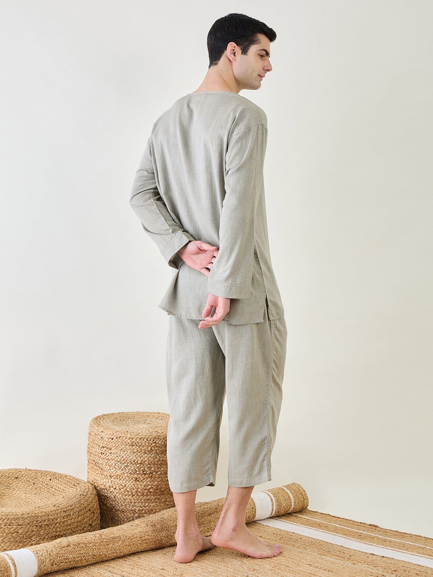 The Kaftan Company Pyjama Set Mens Green Cotton 3/4 Pyjama Set