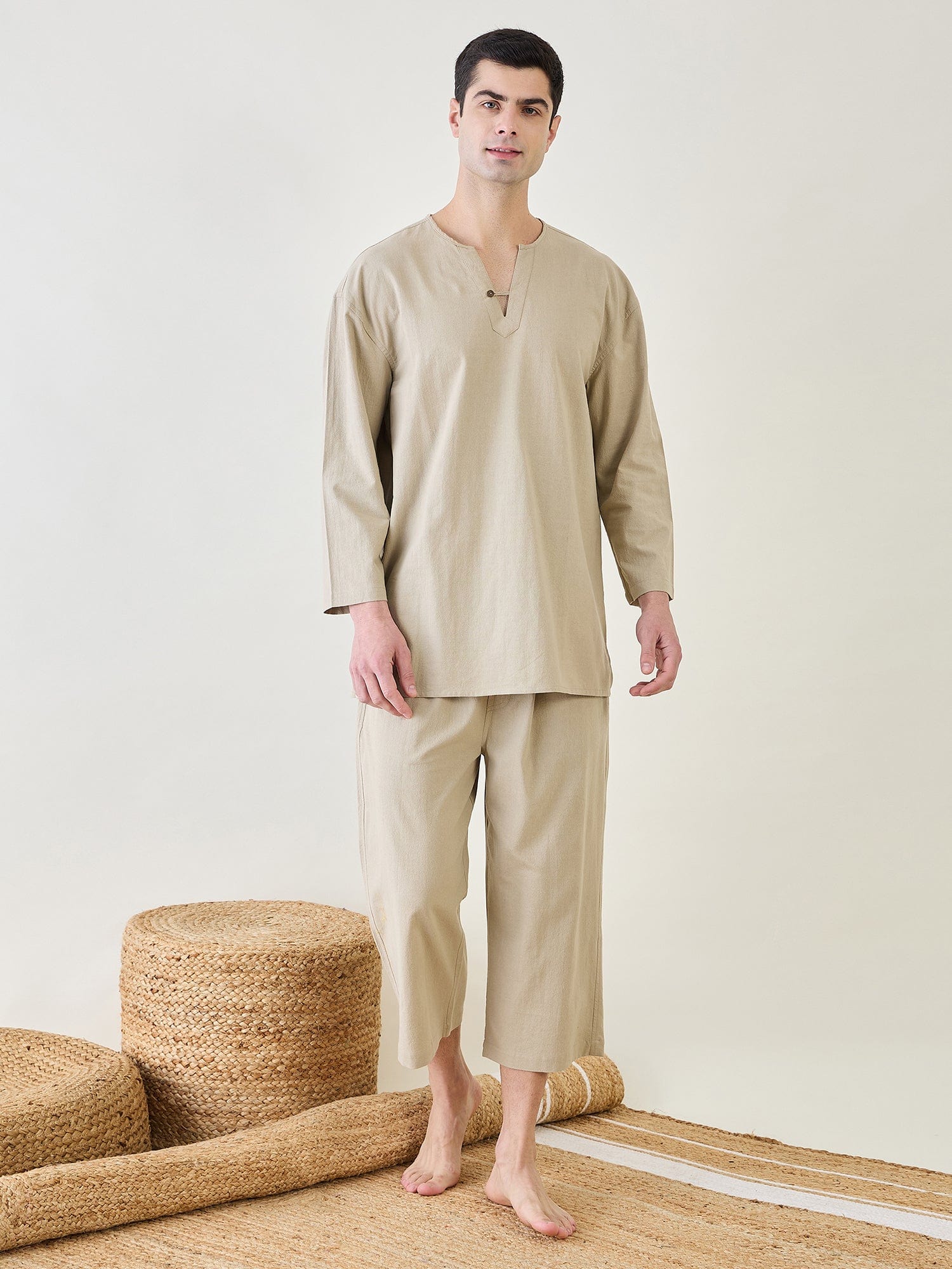The Kaftan Company Pyjama Set Mens Khaki Top and Capri Pyjama Set
