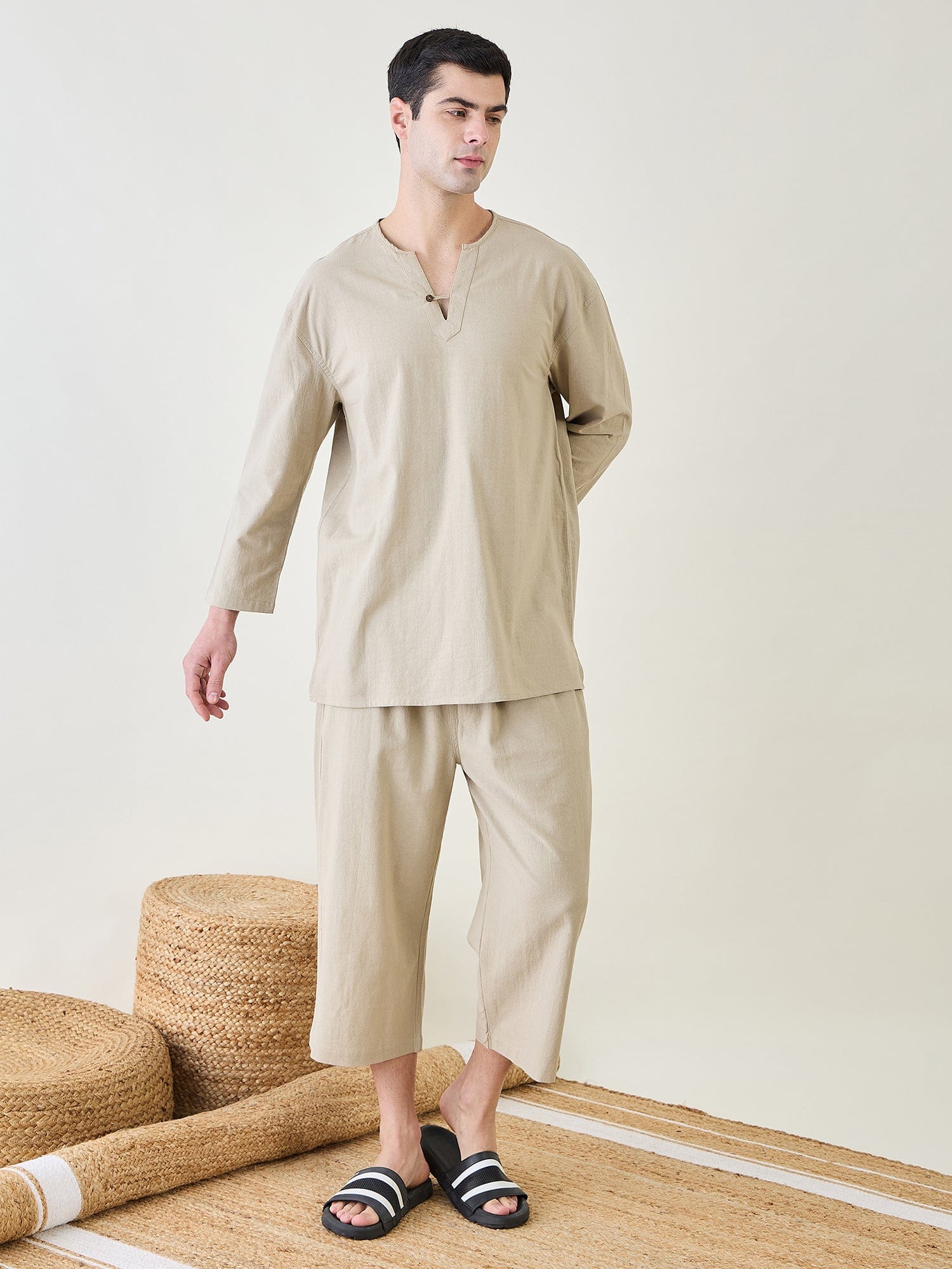 The Kaftan Company Pyjama Set Mens Khaki Top and Capri Pyjama Set