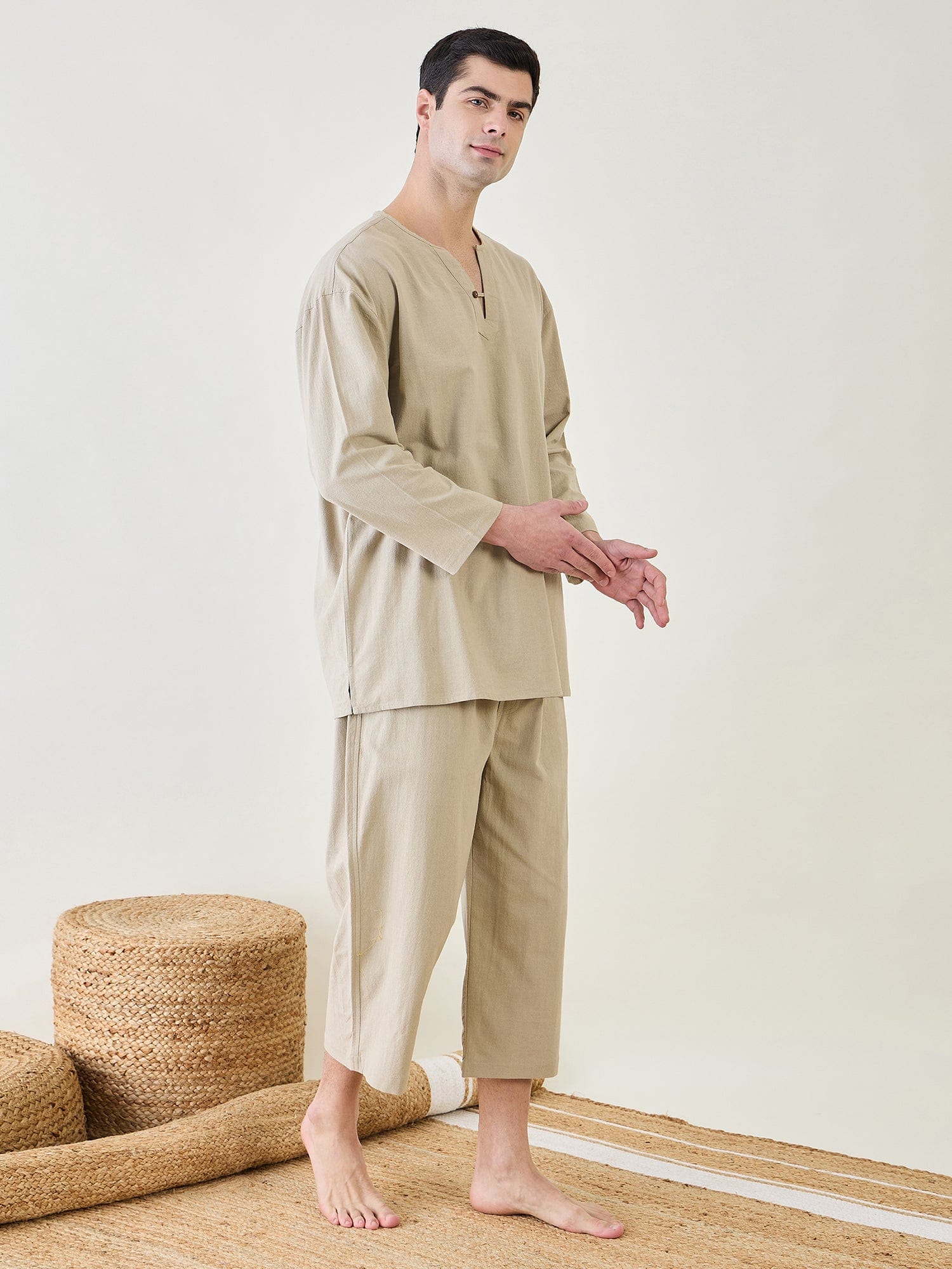 The Kaftan Company Pyjama Set Mens Khaki Top and Capri Pyjama Set
