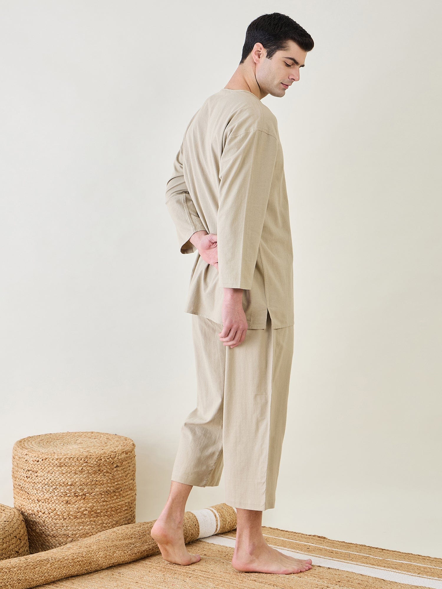 The Kaftan Company Pyjama Set Mens Khaki Top and Capri Pyjama Set