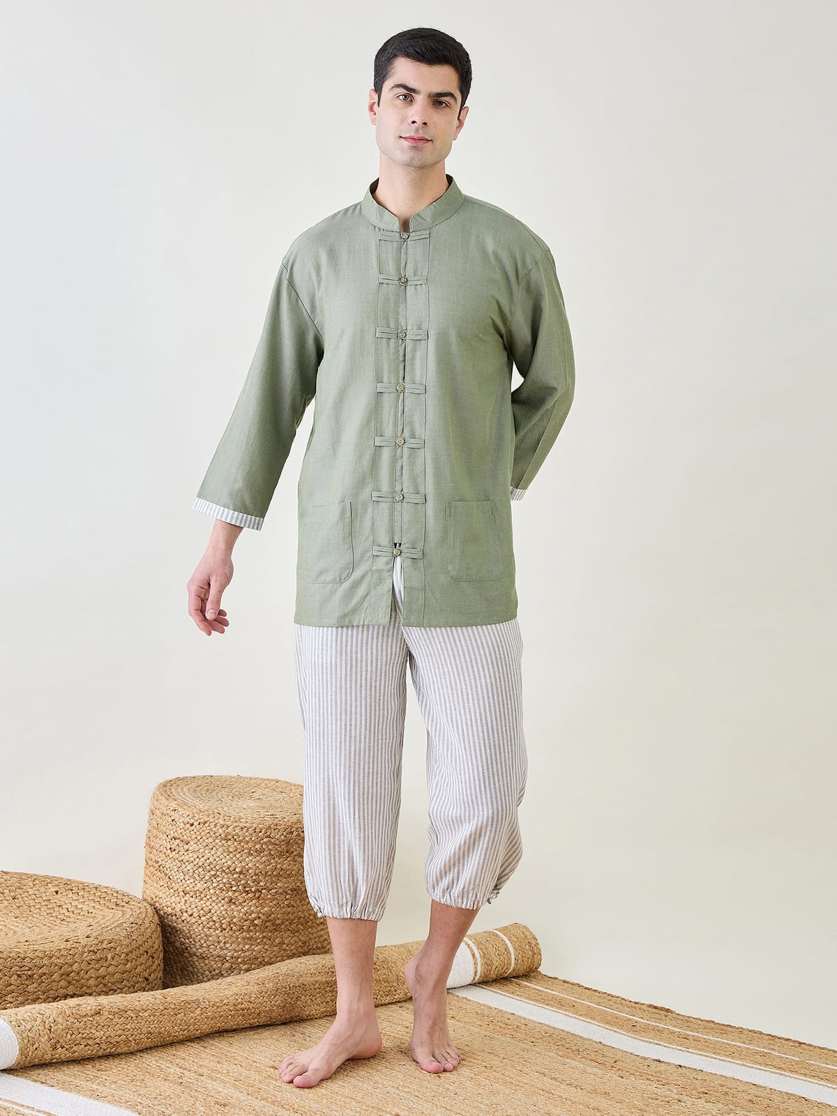 The Kaftan Company Pyjama Set Mens Lounge Shirt and 3/4 Pants Set