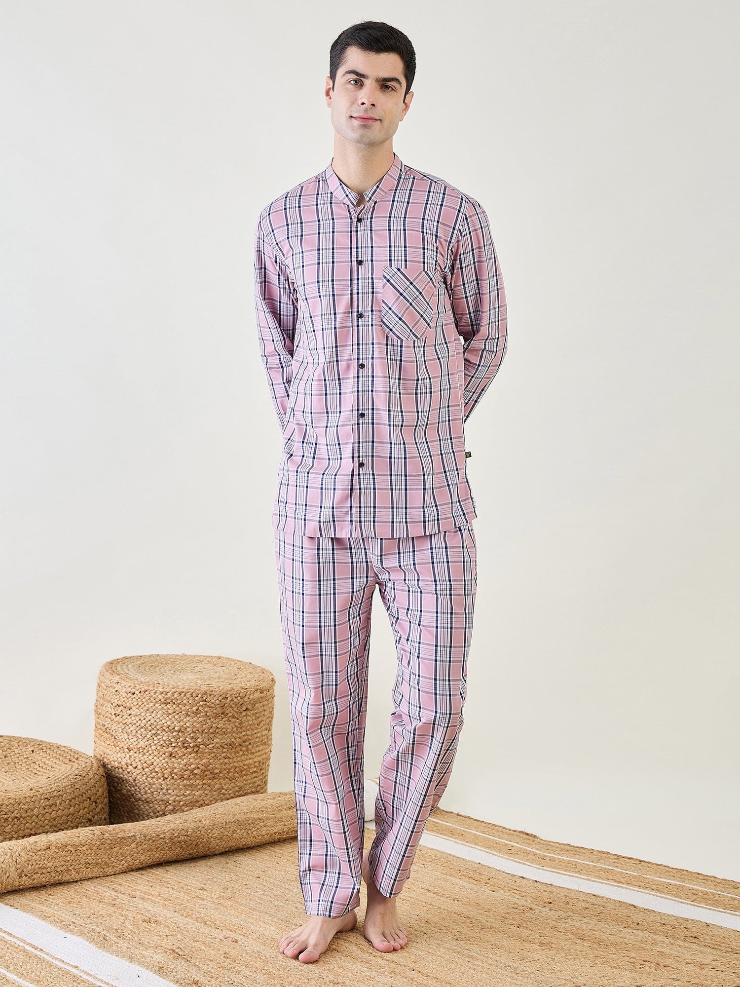 The Kaftan Company Pyjama Set Mens Pink Checks Cotton Pyjama Set
