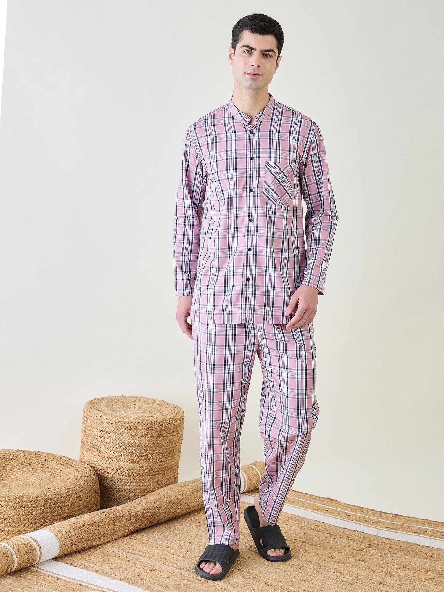 The Kaftan Company Pyjama Set Mens Pink Checks Cotton Pyjama Set