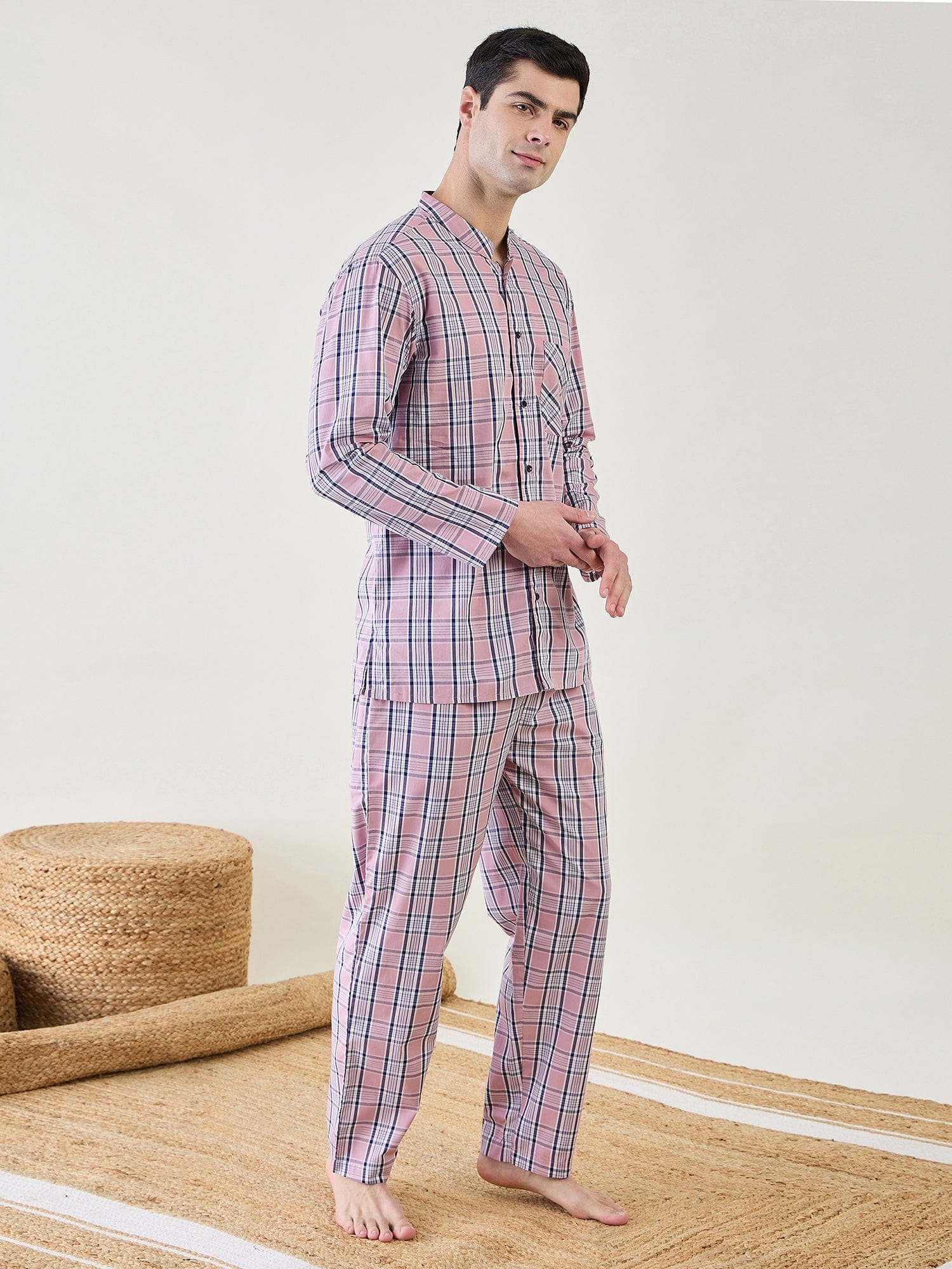 The Kaftan Company Pyjama Set Mens Pink Checks Cotton Pyjama Set