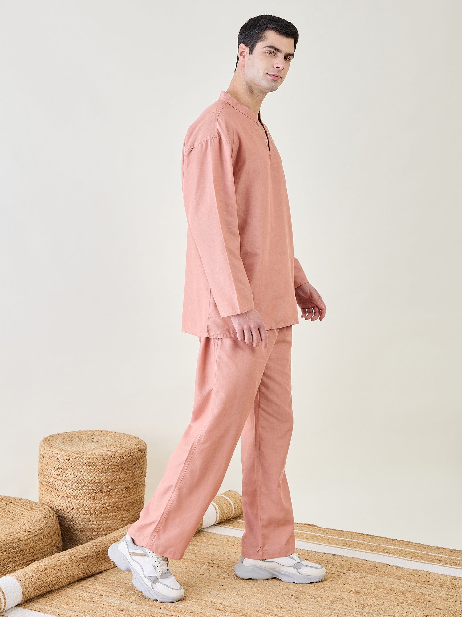 The Kaftan Company Pyjama Set Mens Pink Pyjama Lounge Set